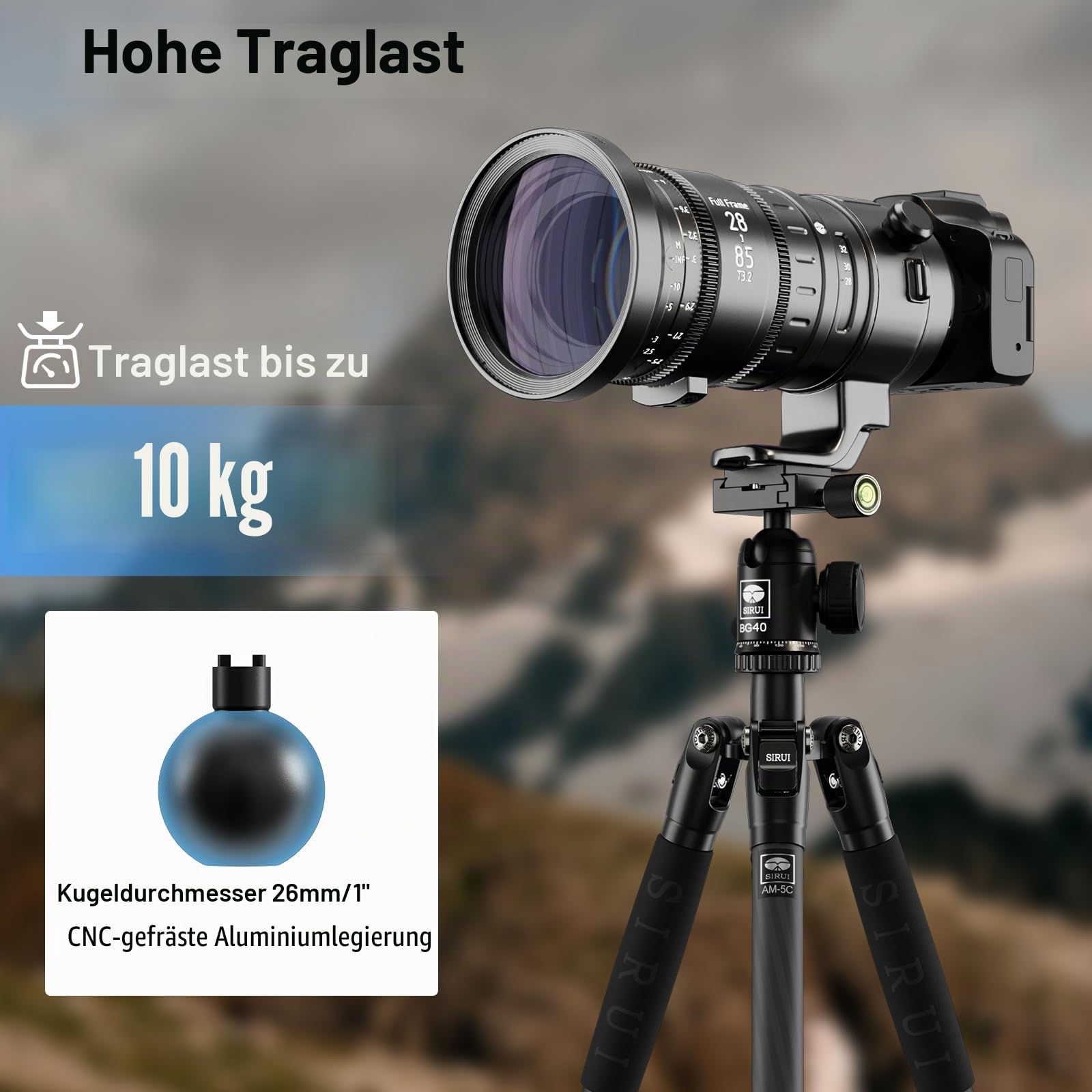 SIRUI BG40 Leichter Aluminium Kugelkopf, 360° Panorama Stativkopf mit Arca Schnellwechselplatte, 10kg Tragkraft für DSLR, Reise, Einbeinstativ, Slider (1/4" & 3/8" inkl.)