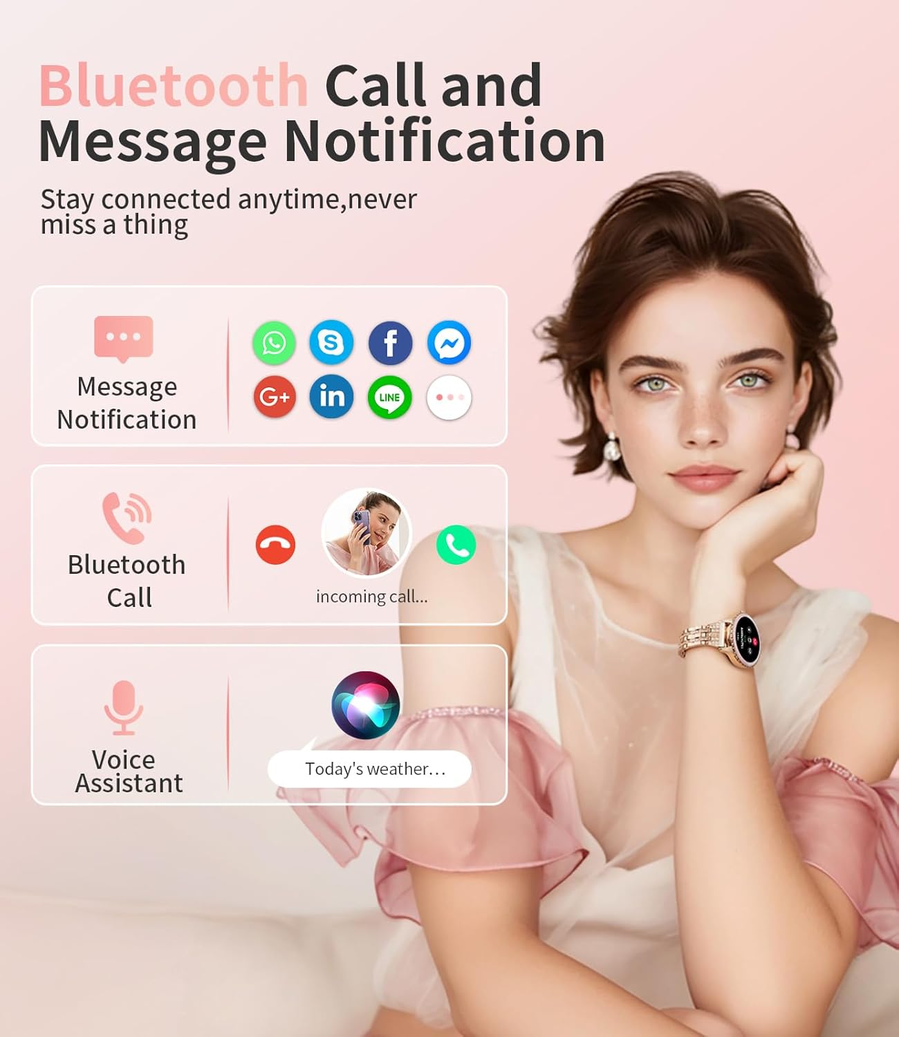 SUNKTA Smart Watch FV26-A showing Bluetooth call and message notification features.