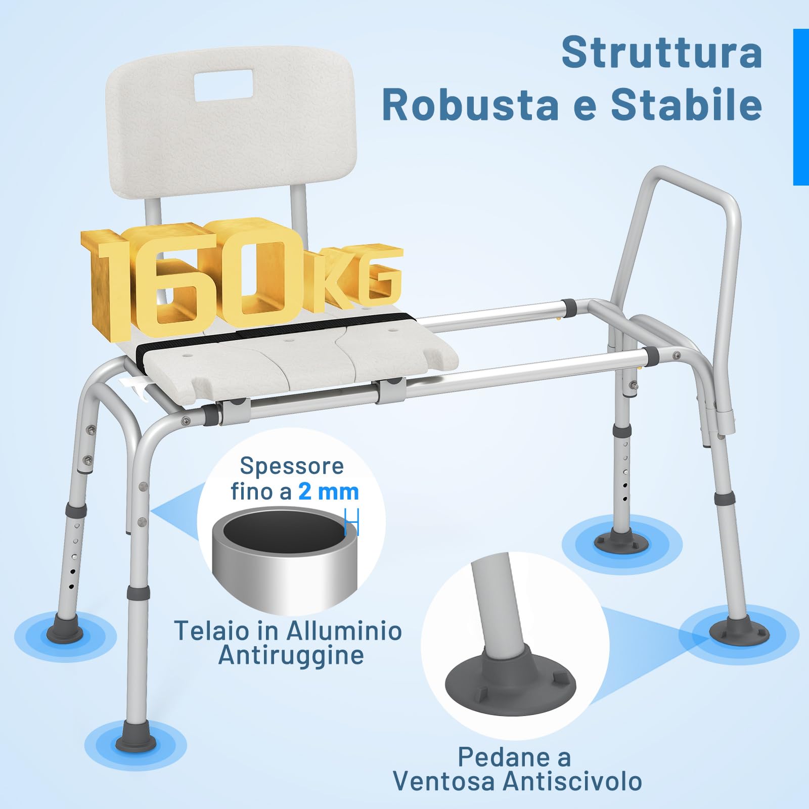 COSTWAY Sedia per Doccia Anziani con Posizione e Altezza Regolabili 105 x 49 x 85-95 cm, Sgabello per Vasca da Bagno con Schienale, Braccioli e Cintura di Sicurezza per Donne Incinte (Modello 1)