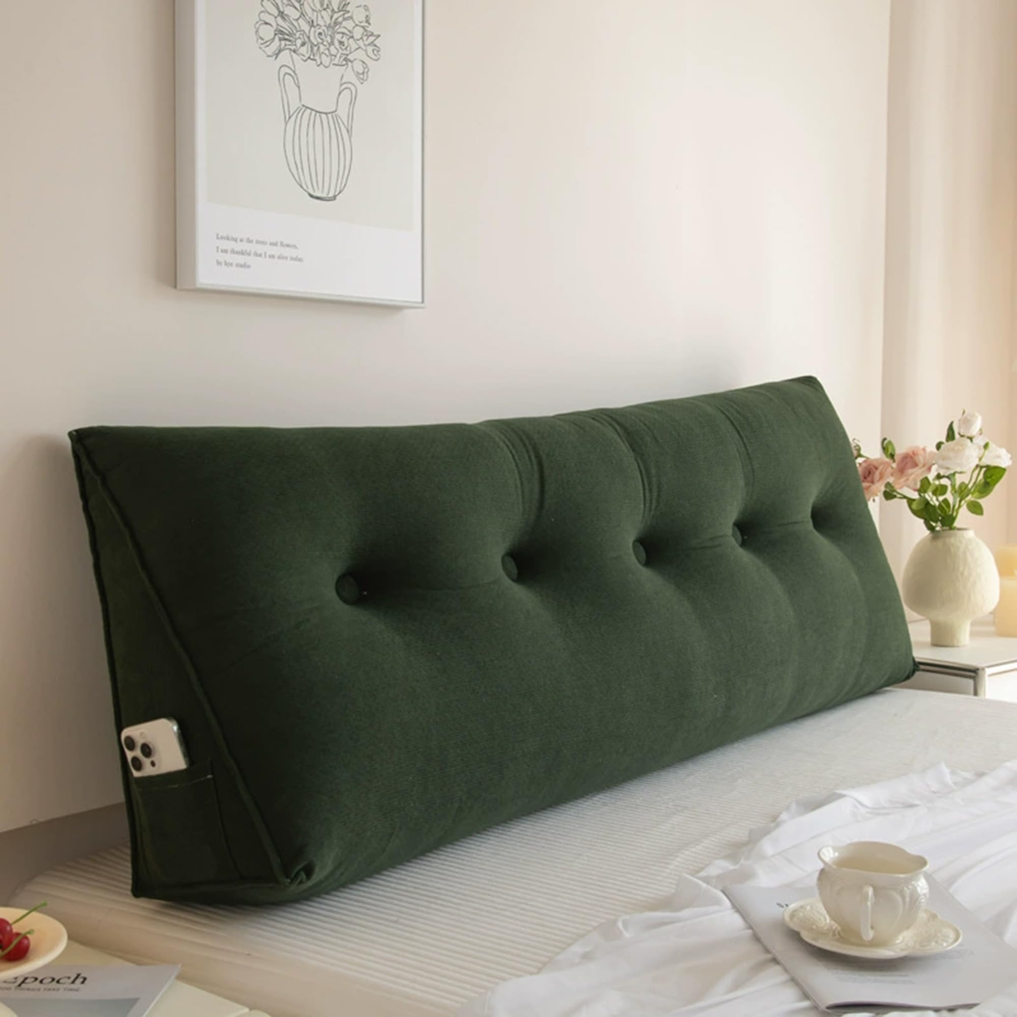 DUOLEH Large Wedge Back Pillow, Triangular Wedge Bolster Cushion, Bed Backrest Pad with Side Pocket, Removable Headboard Backrest Cushion, Reading Pillow for Bed Sofa (100x50x20cm,Green)