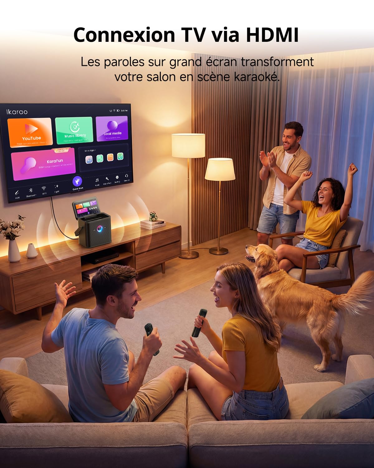 Machine de karaoké Ikarao pour adultes et enfants, avec écran d'affichage des paroles, connexion WiFi à YouTube et à l'application de karaoké, 2 microphones sans fil EQ Autotune, système PA de karaoké