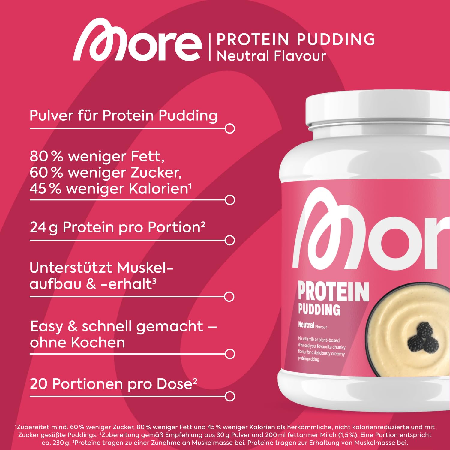 MORE Protein Pudding, Neutral, 600 g, cremiger Pudding mit weniger Fett, Kalorien und Zucker - made in Germany