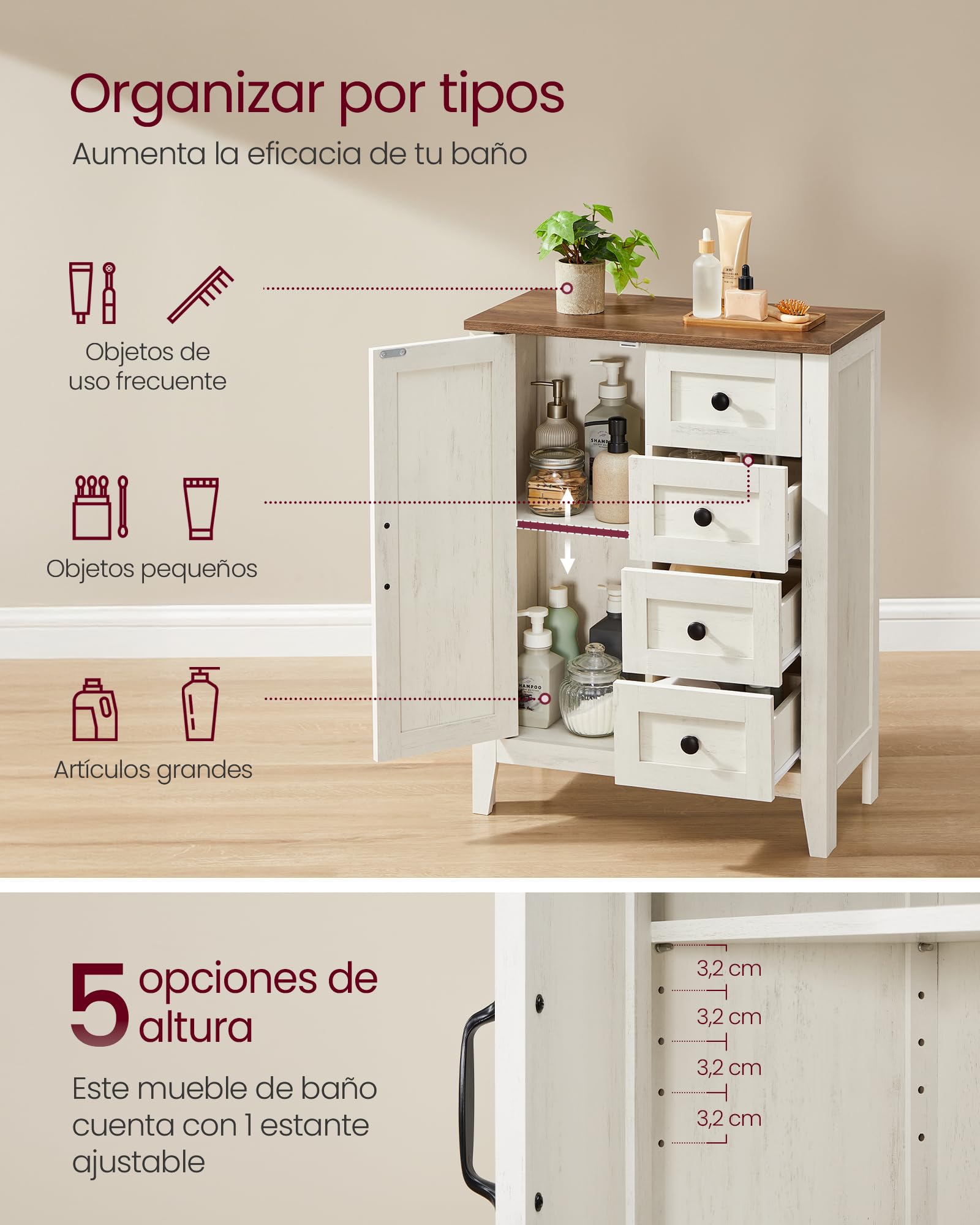 VASAGLE LIRY Colección - Armario de Almacenamiento, Mueble de Baño Estilo Campo con 4 Cajones, Organizador Independiente, Puerta de Granero, Estante Ajustable, Blanco Rústico BBK753W01