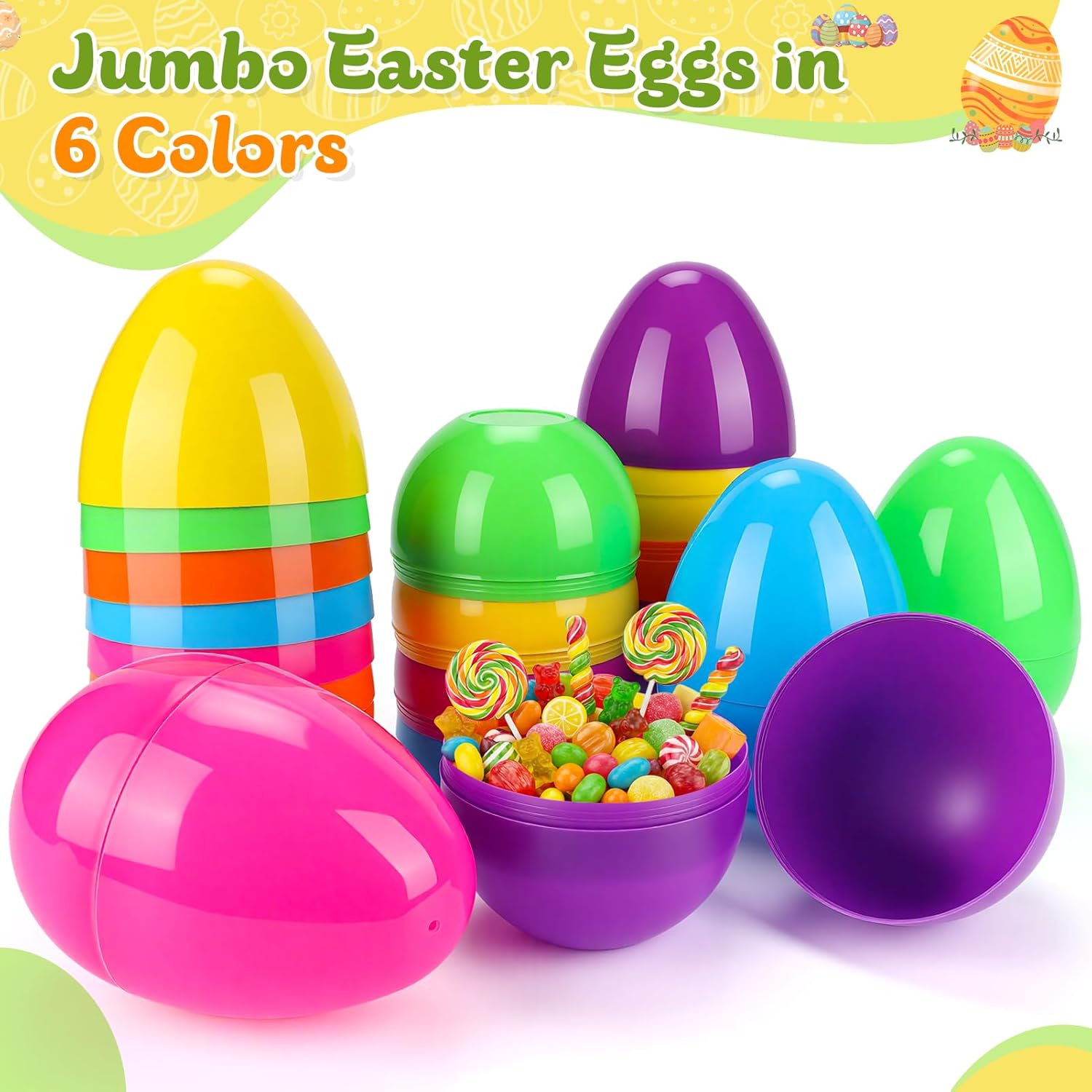 12PCS 6" Jumbo Easter Eggs, Large Empty Easter Eggs for Hunt, Colorful Giant Plastic Egg Fillable with Candy, Toys, Basket Stuffers Fillers, Easter Party Favors