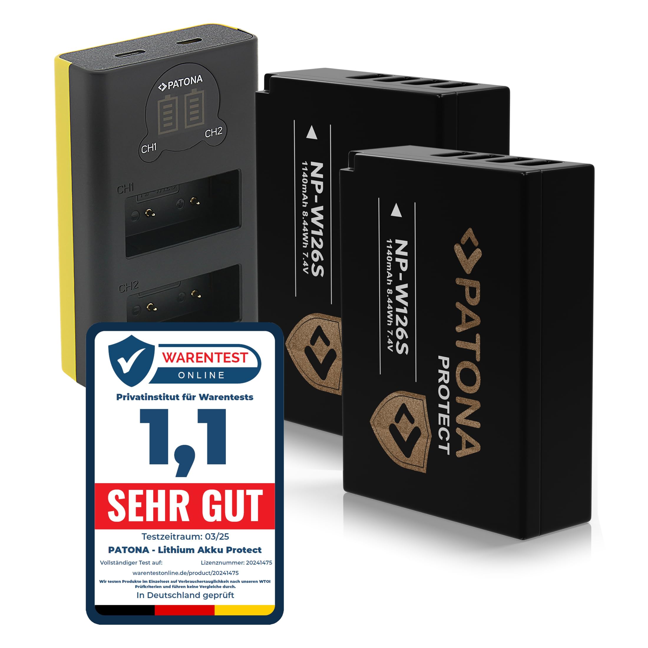 PATONA Kit Dual LCD Chargeur USB-C & Batterie 2X NP-W126S Protect 1210mAh | Compatible avec Fujifilm FinePix X-M5 X-M1 X100F X100V XT3 XA3 XA5, NTC-Sensor & étui protecteur