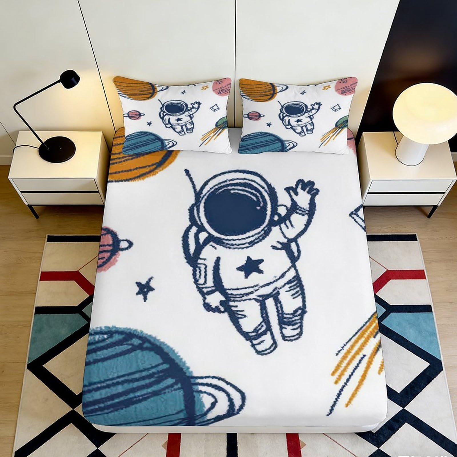 3D Printed Astronaut Pattern Fitted Sheet Microfiber Soft Breathable Space Theme Mattress Cover for Bedroom Dormitory Guest Room Mattress Protection Decor 180x200x25cm