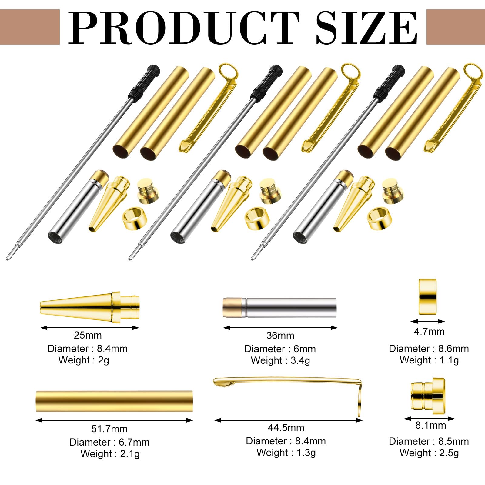 Colarr Kit di 10 penne per tornitura del legno da 7 mm, con penna a torsione sottile, con tornio di ricarica, forniture per ufficio, scuola, fai da te, amici, insegnanti, studenti, regali (oro)