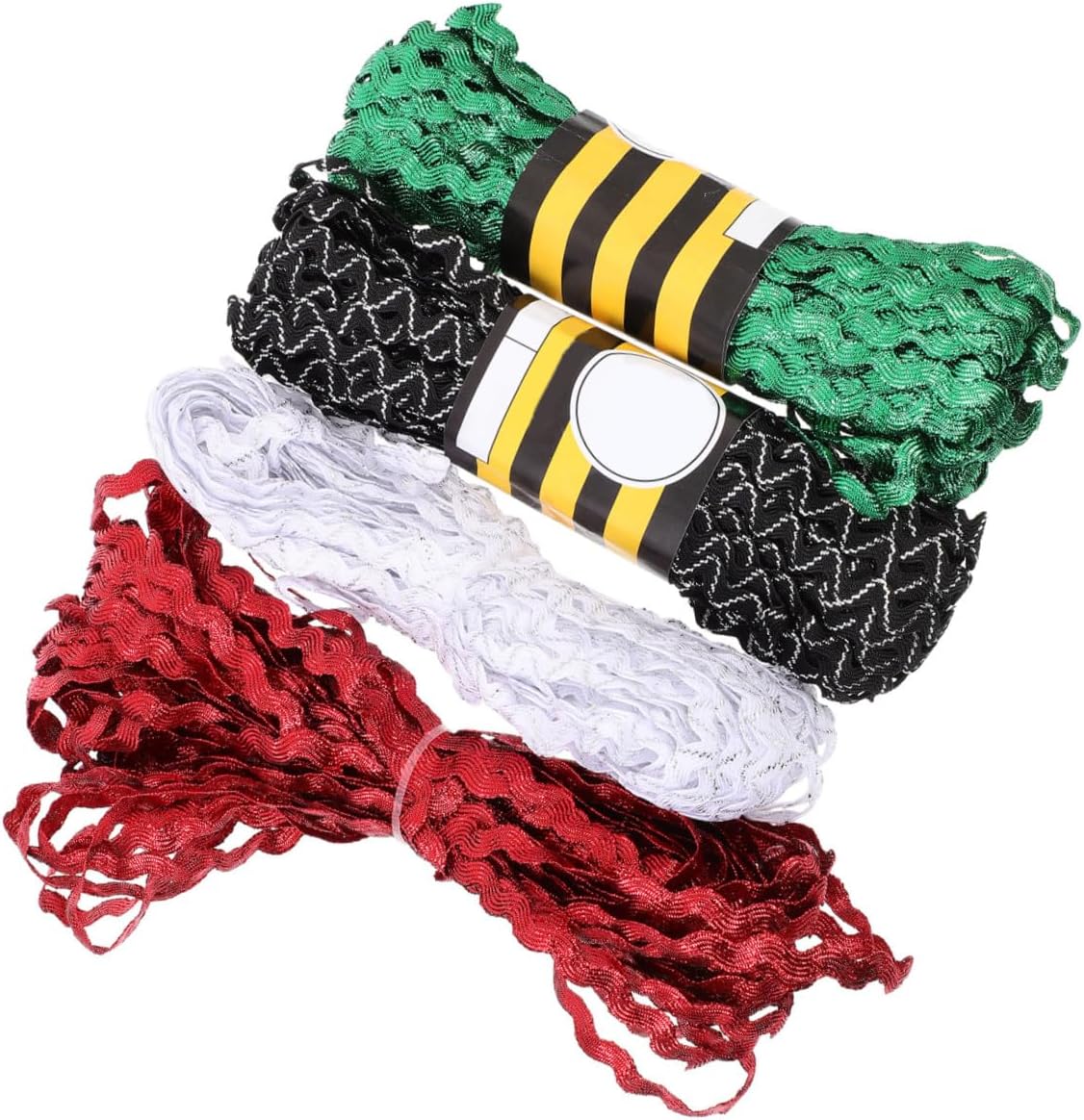 4 Rolls 15-Yard Rickrack Ribbon Trim Set 5mm Waving Bending Fringe Sewing Ribbon for DIY Flower Making Crafts in Red Green White Black White, Embellishment for Sewing and Wrapping