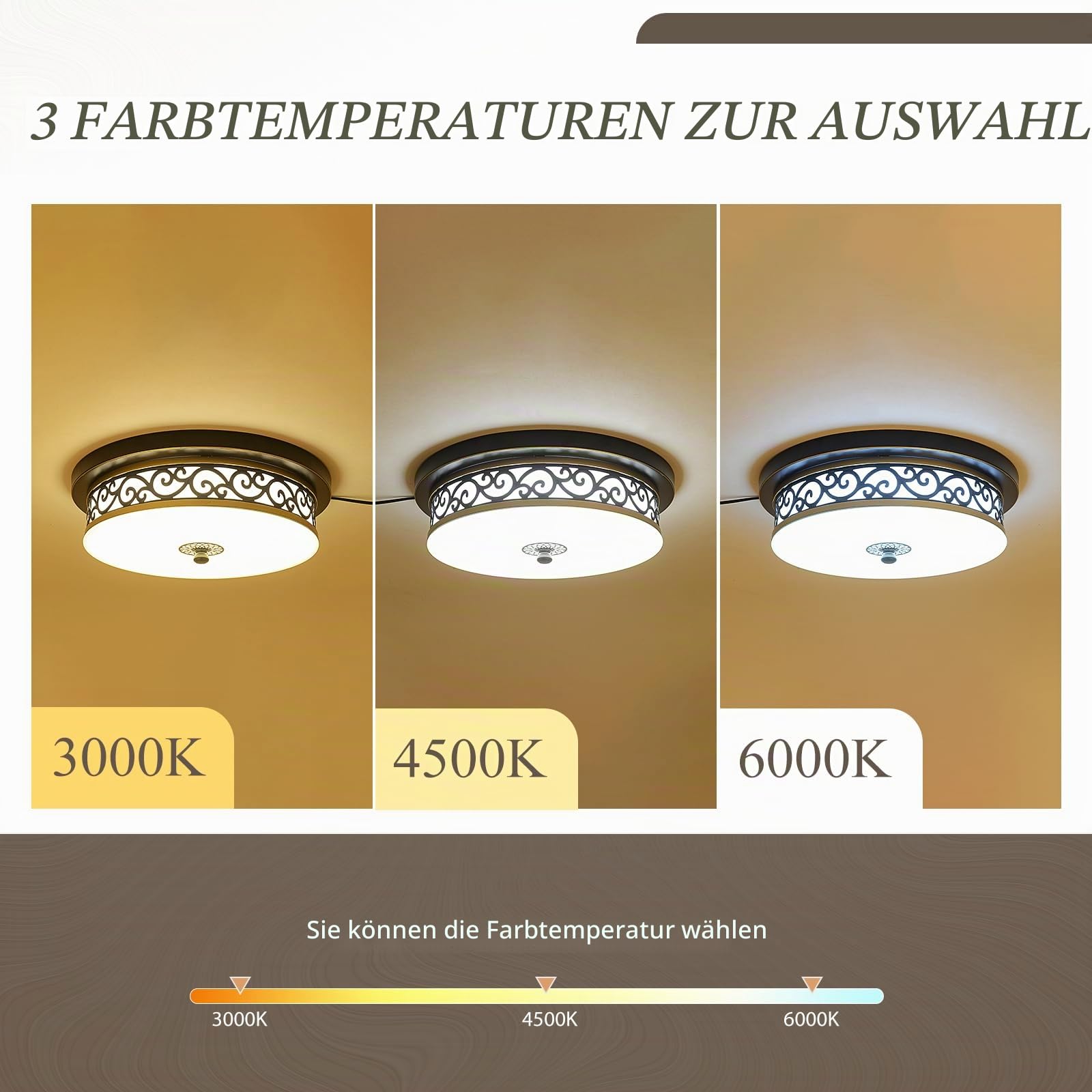 Deckenlampe Wohnzimmer Vintage Rund,Ø50*H10cm Groß Eisen-Glas Base Deckenleuchte Schwarz,Villa Dreifarbig Dimmbar mit Fernbedienung LED Deckenlampe Schlafzimmer,Küchen,Esszimmerlampe Decke.