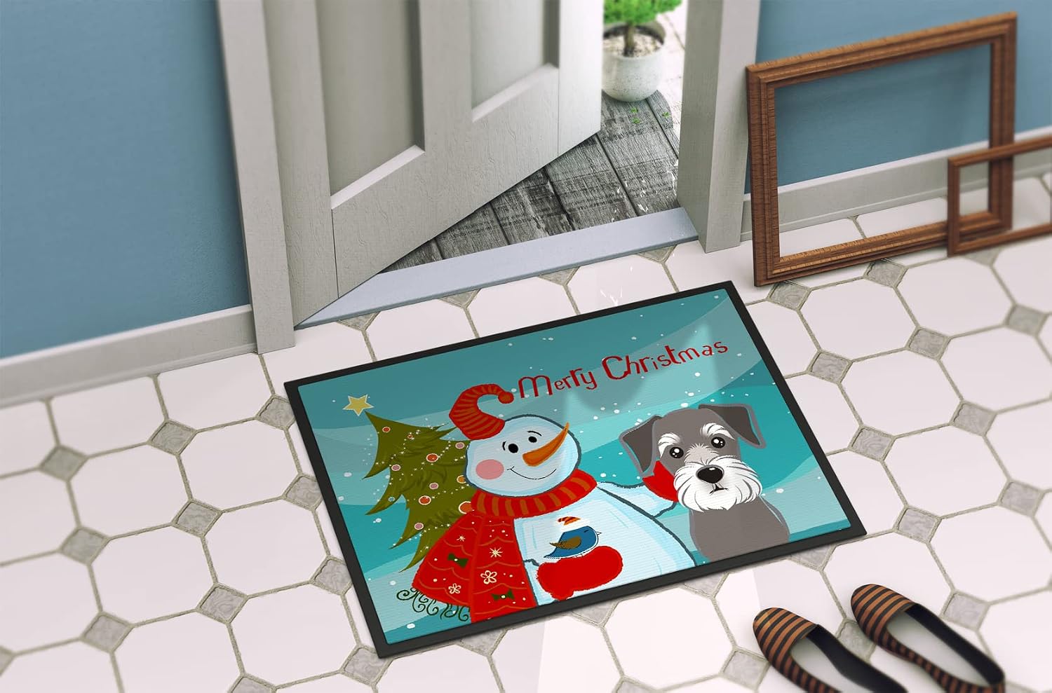 Caroline's Treasures BB1826JMAT Snowman with Schnauzer Doormat 24x36 Front Door Mat Indoor Outdoor Rugs for Entryway, Non Slip Washable Low Pile, 24H X 36W