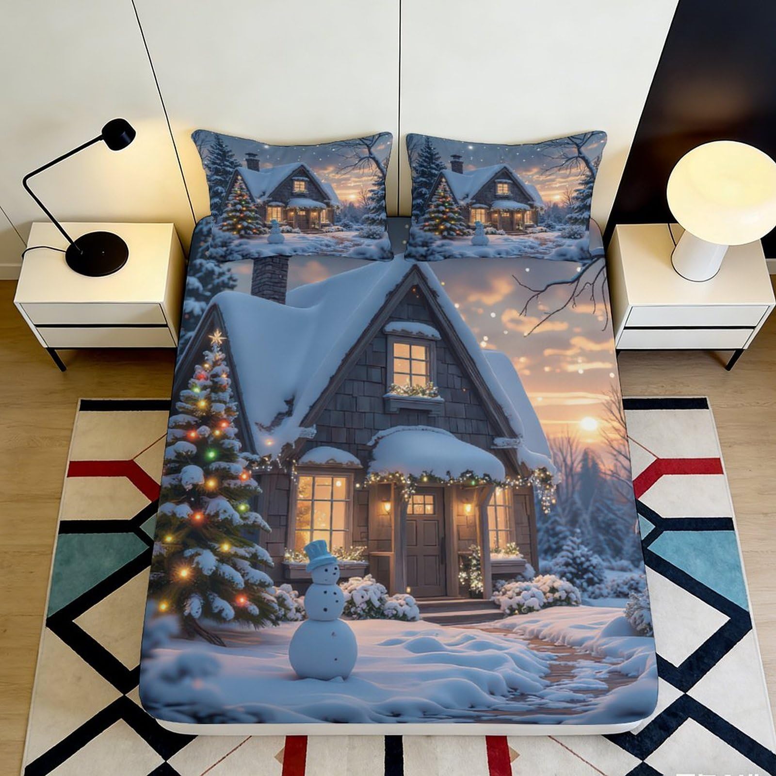 3D Printed Winter Cottage Fitted Sheet Microfiber Soft Snowman Christmas Tree Bed Cover for Bedroom Guest Room Decor 90x200x25cm