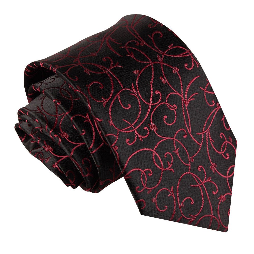 Dqt Men's Black And Burgundy Swirl Floral Jacquard Tie - 9Cm Classic Width Necktie - Wedding, Business & Formal