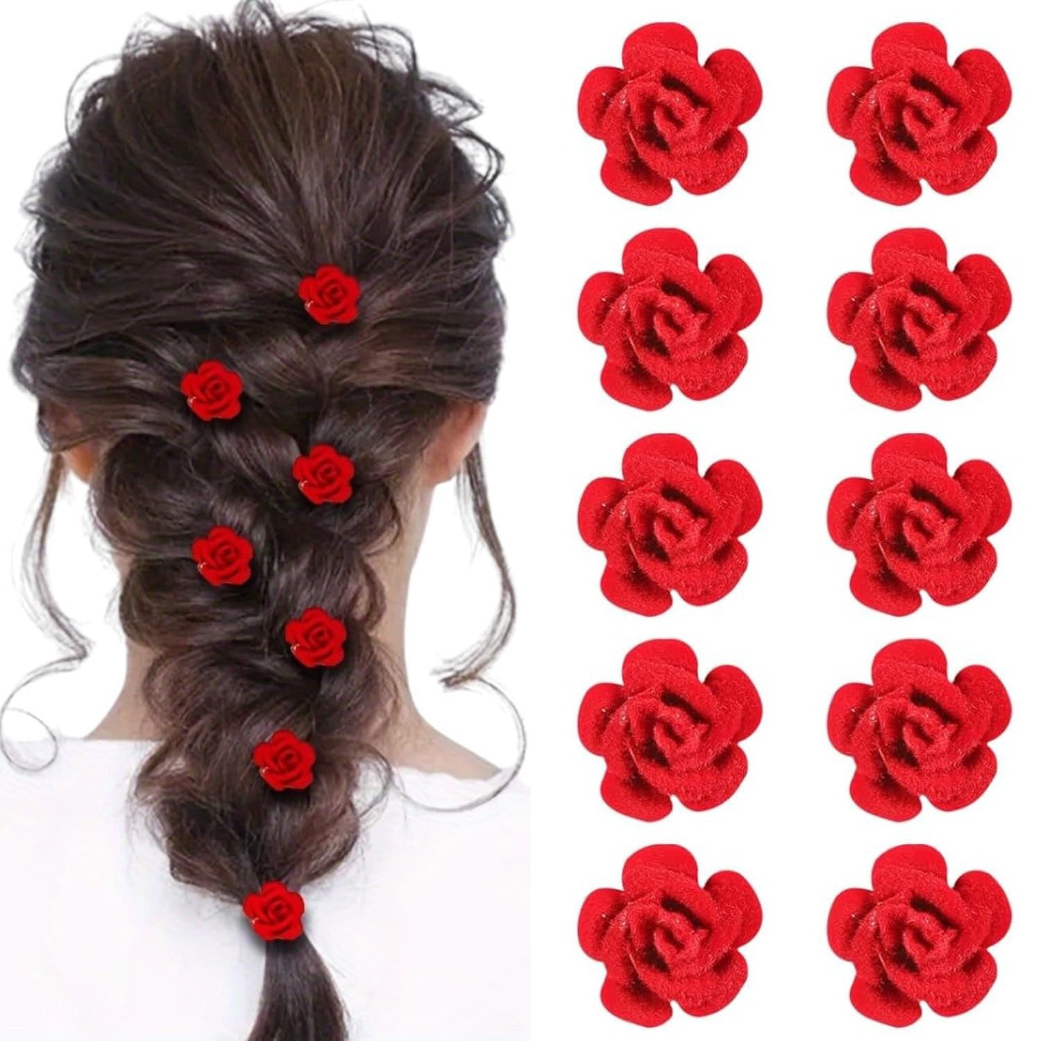 10pc Vintage Velvet Rose Hairpins Small Red Flowers for Hair Clips, Mini Rose Flower Hair Clips, Women's Wedding Hair Accessories for Women Girls-image-21