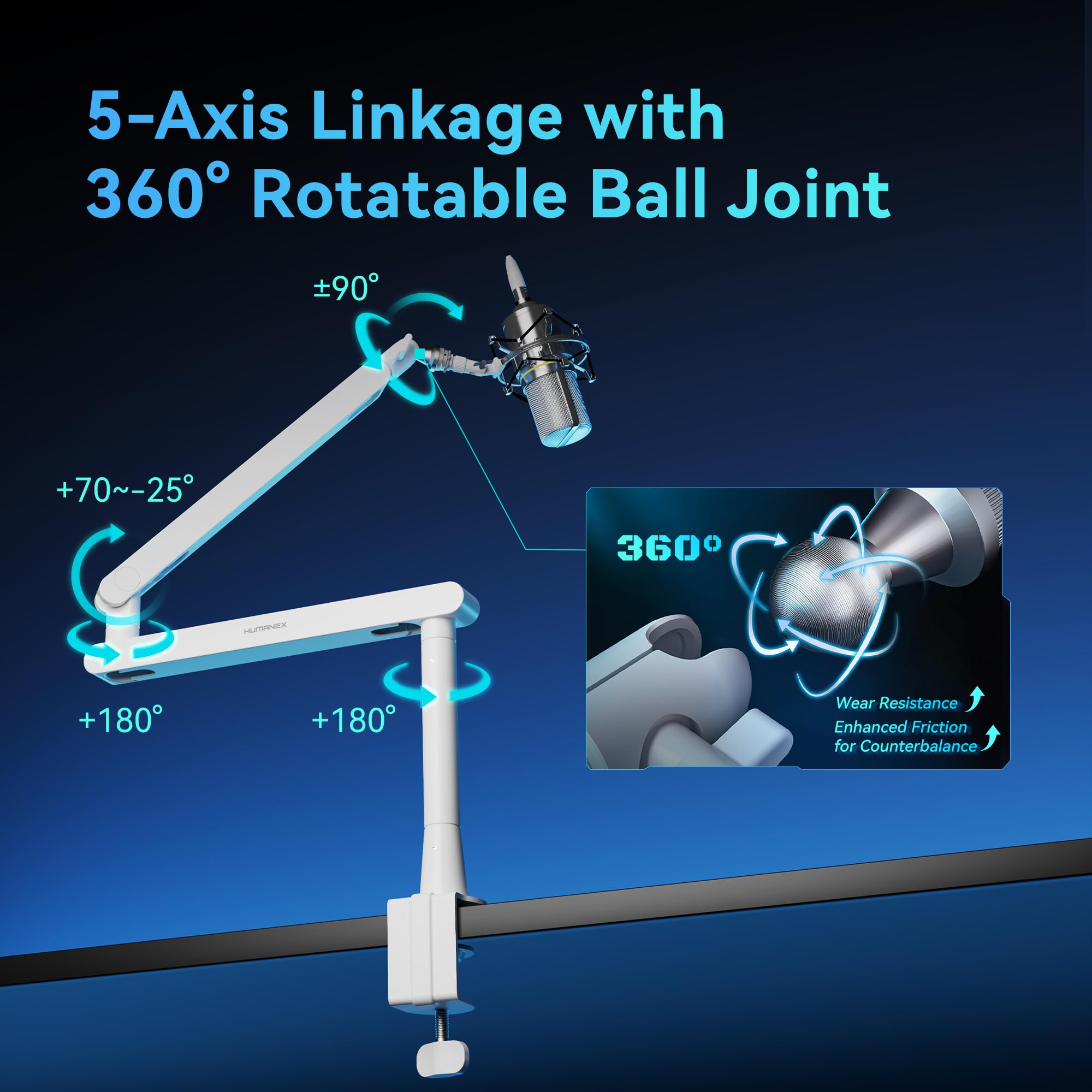 Humanex microphone arm, Adjustable Microphone Boom Arm, Desk Mount with 3/8'' to 5/8'' Screw Adapter - Image 2