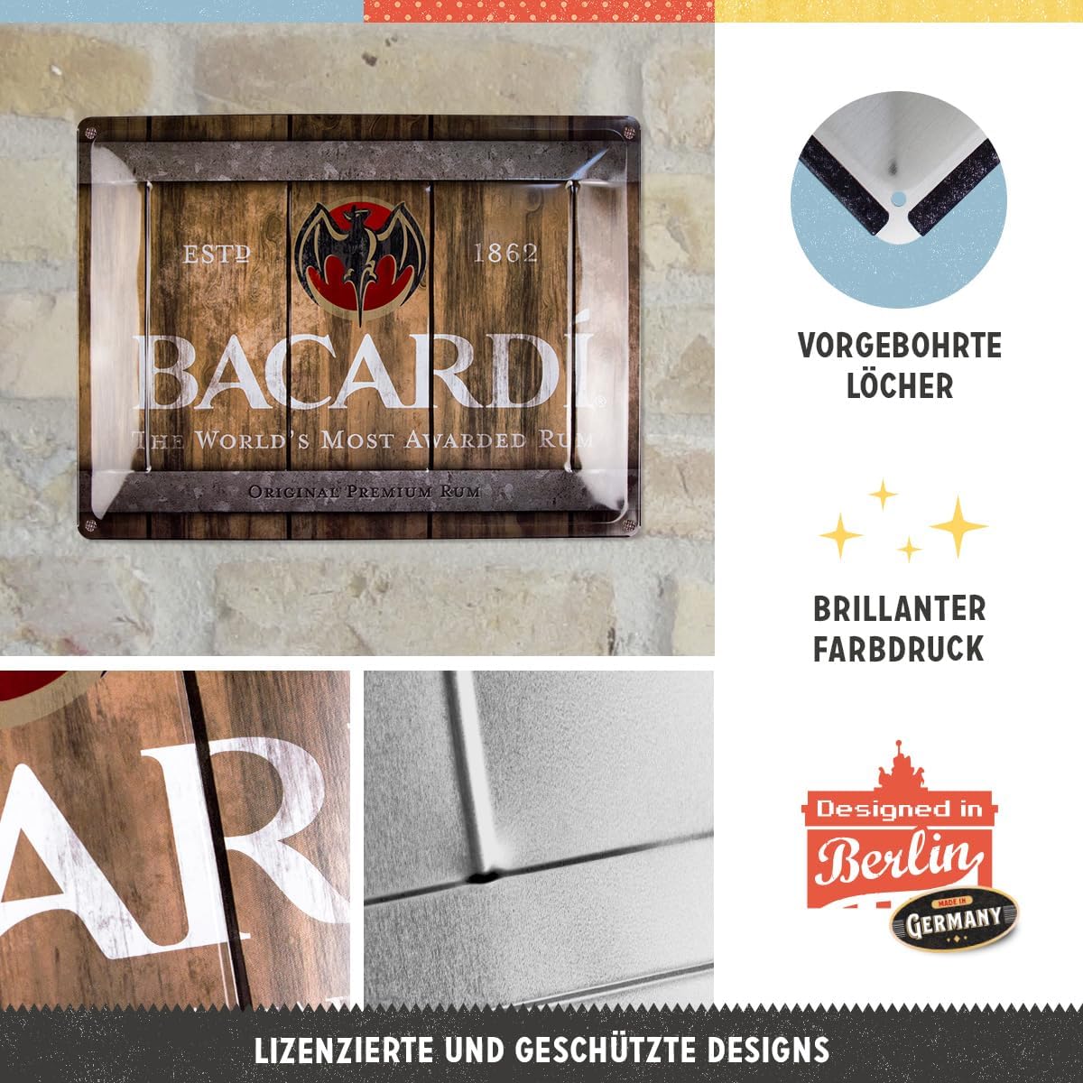 Nostalgic-Art Retro tin sign, 11.8" x 15.7", Bacardi – Wood Barrel Logo – Gift idea for rum fans, Official License Product (OLP), made of metal, vintage design image 3