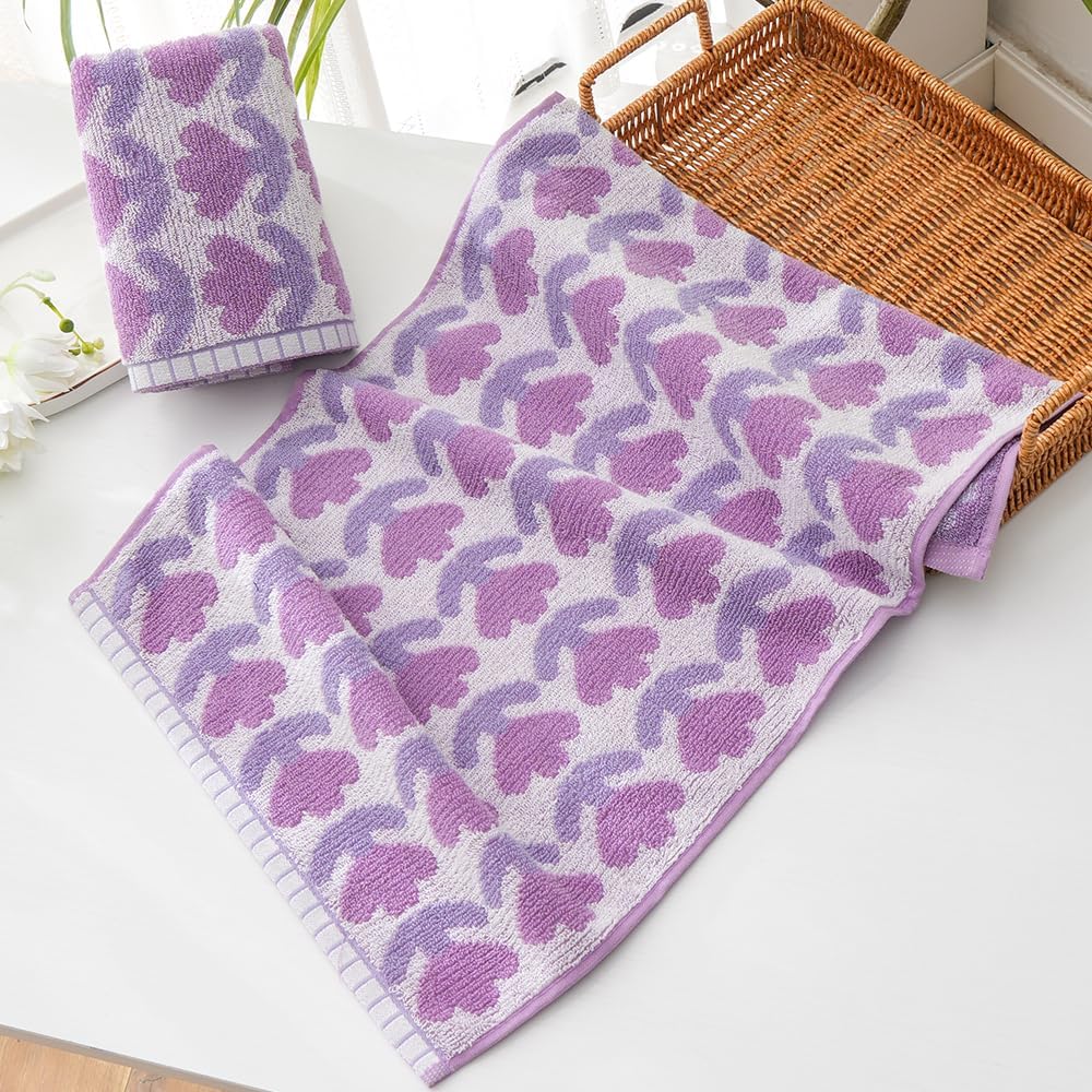 YiLUOMO Purple Tulips Pattern Hand Towel Set of 2 Highly Absorbent Quick Dry 100% Cotton Decorative Hand Towels for Bathroom Hotels Spa 13" X 29" - Image 2