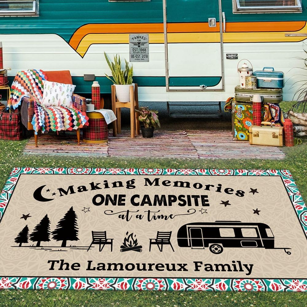 Custom Camping Rug Making Memories Vintage RV Trailer Campsite Decor One Campsite at a Time Floor Mat for Outdoors, Patio, Backyard, Picnic, Beach, Camping, 48 x 72 Inch