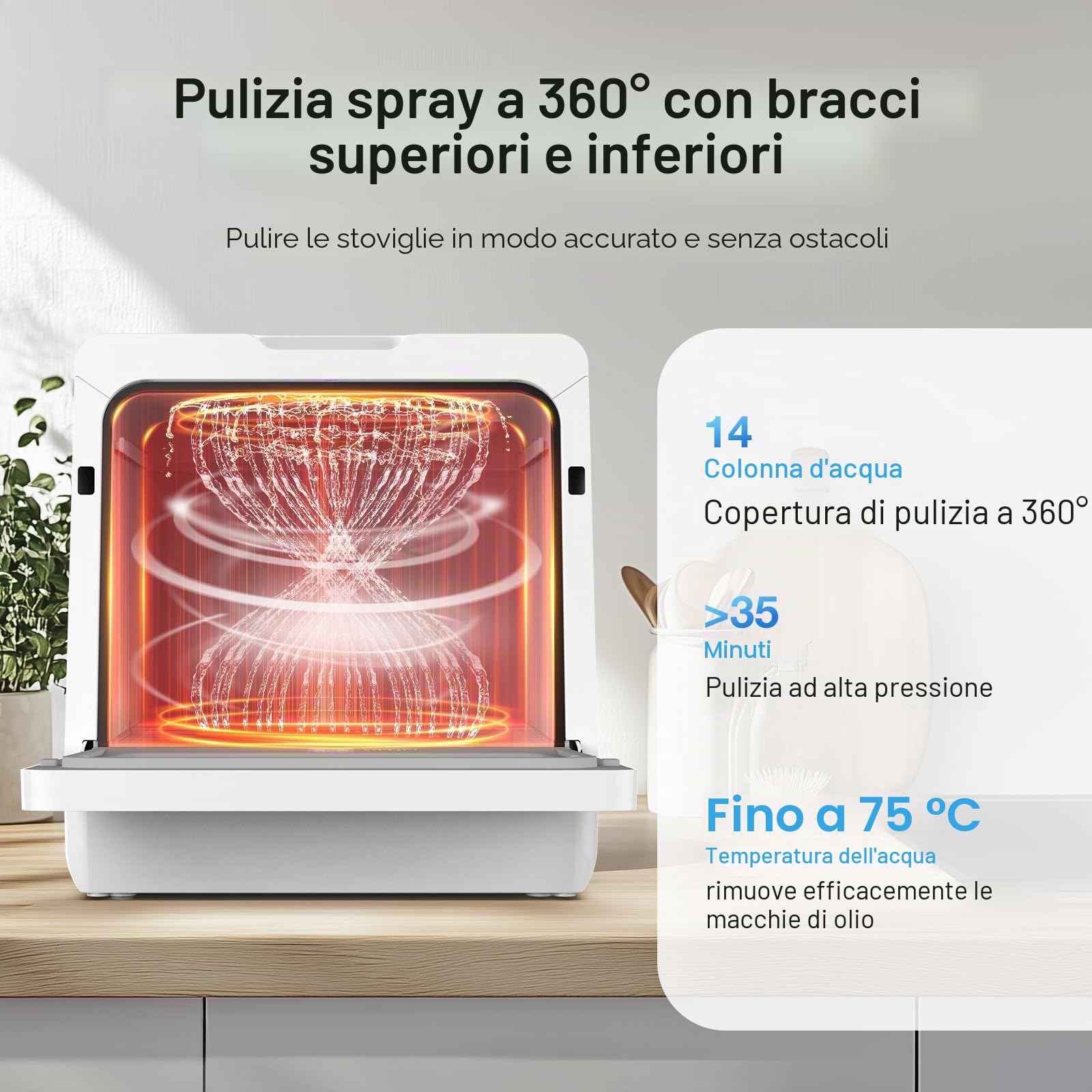 Mini lavastoviglie BLITZHOME controllo smart app, 8 programmi, lavastoviglie da tavolo portatile, serbatoio dell'acqua da 5 l, utilizzabile con/senza collegamento acqua, asciutto, prenotazione