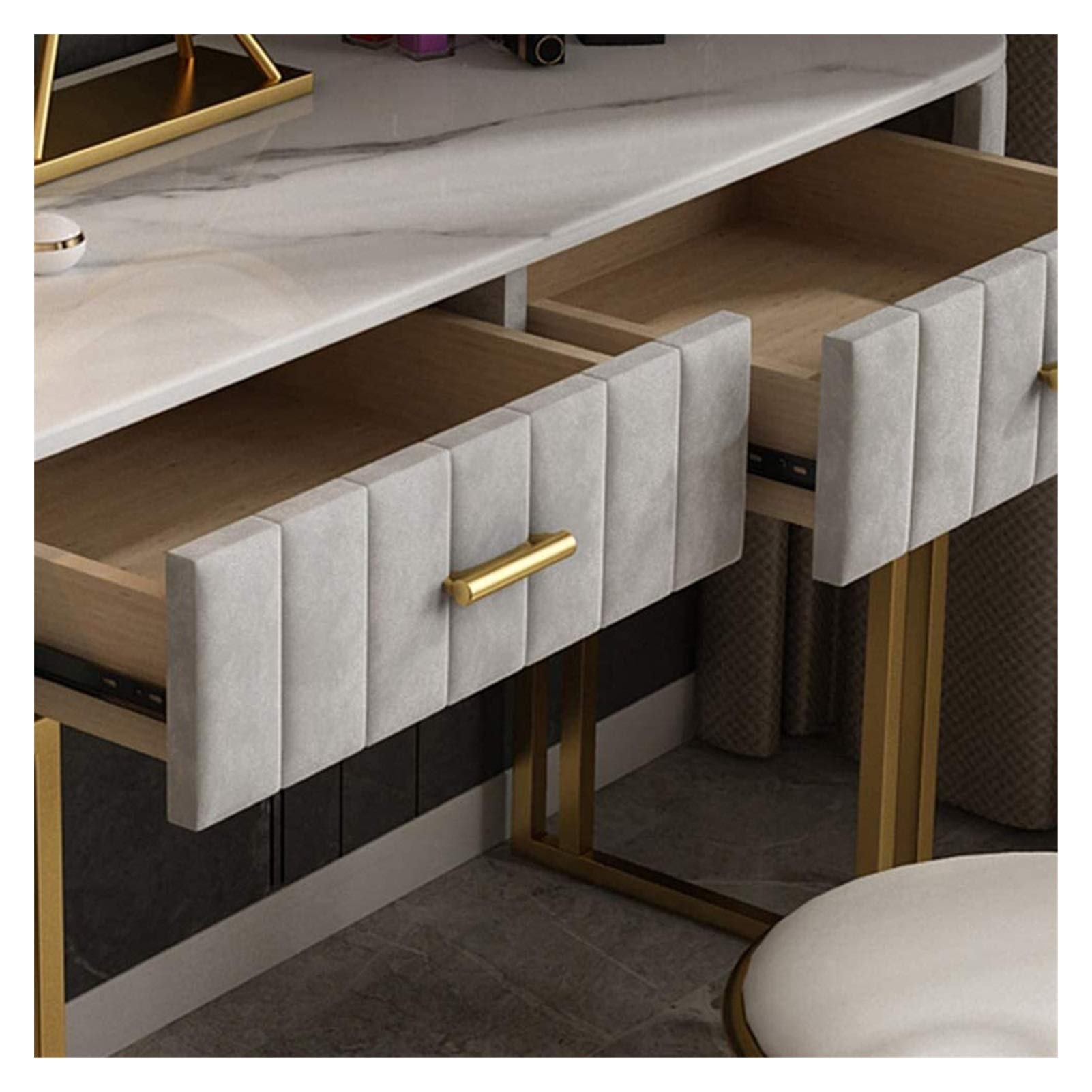 Juego de tocador de maquillaje iluminado con espejo, 2 cajones y taburete acolchado, elegante tocador gris para dormitorio, control táctil, diseño moderno para ella