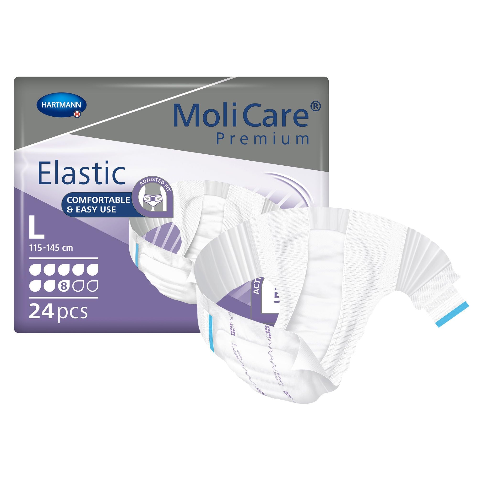 MoliCare Premium Elastic Slip: w przypadku ciężkiego nietrzymania moczu dla kobiet i mężczyzn; 8 kropli, rozmiar L, (obwód bioder 115-145 cm), 3 x 24 sztuki