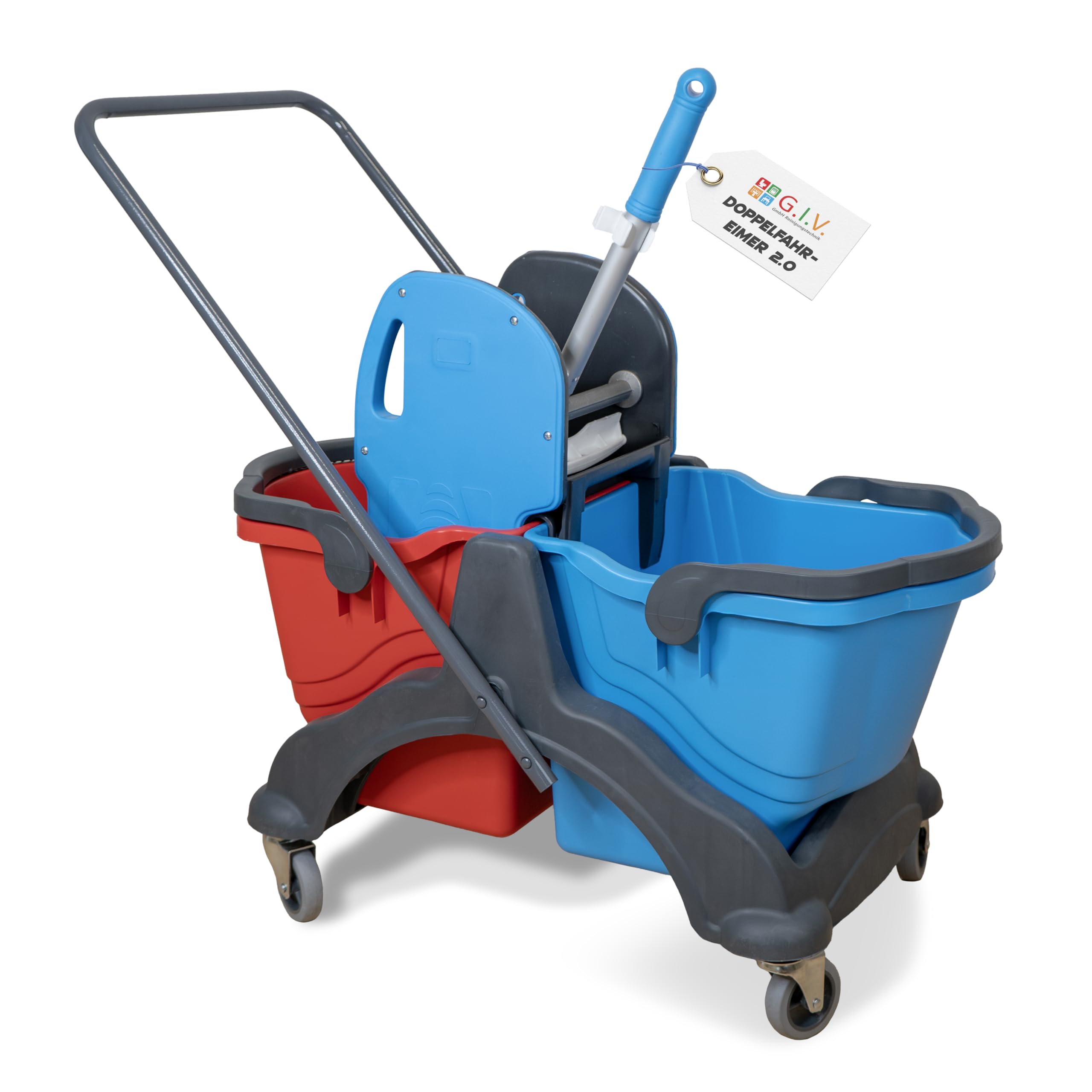 Putzwagen mit Wischmopp Presse Doppelfahreimer 2x 18L rot/blau für Gebäudereinigung