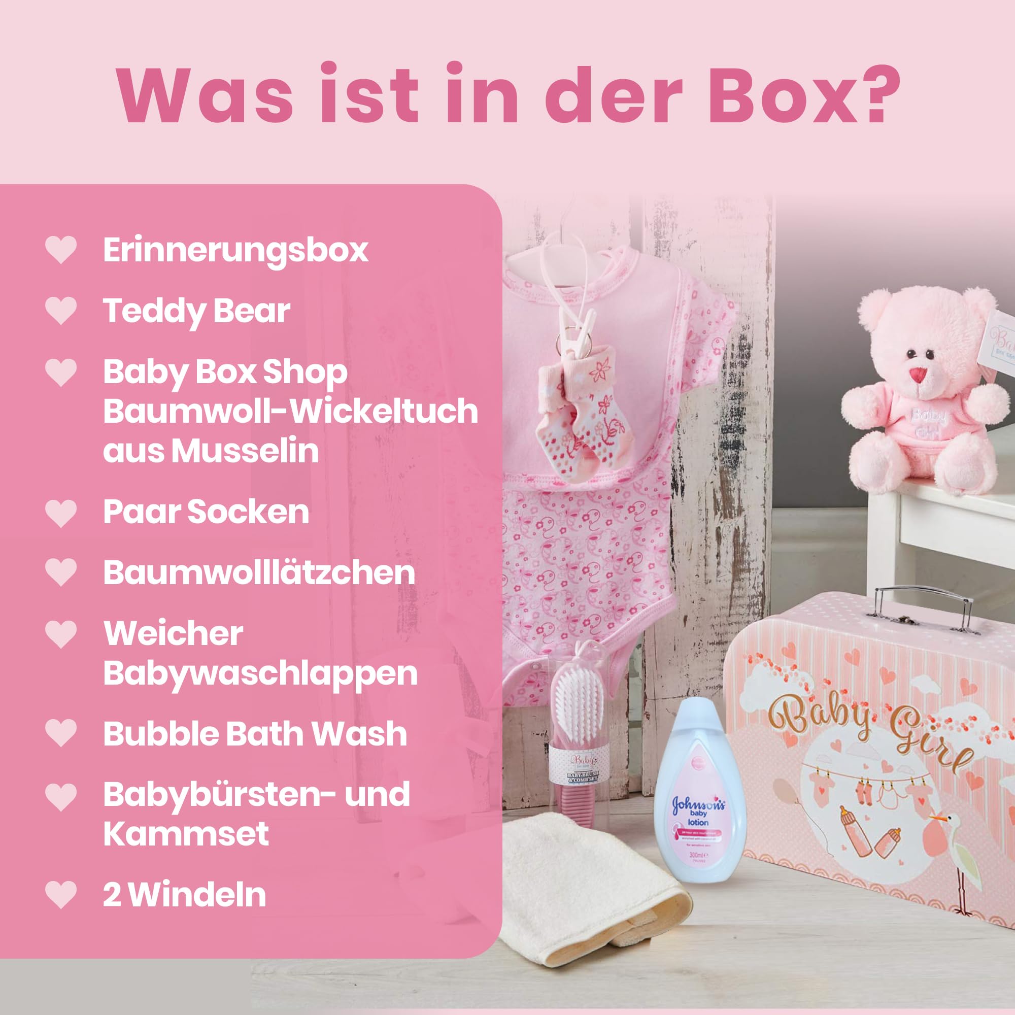 Baby Box Shop Baby Geschenk Mädchen – 12-teiliges Neugeborenen Geschenkset zur Geburt, Geschenkkorb für Baby Girl in Rosa, Baby Geschenk Geburt für Mädchen