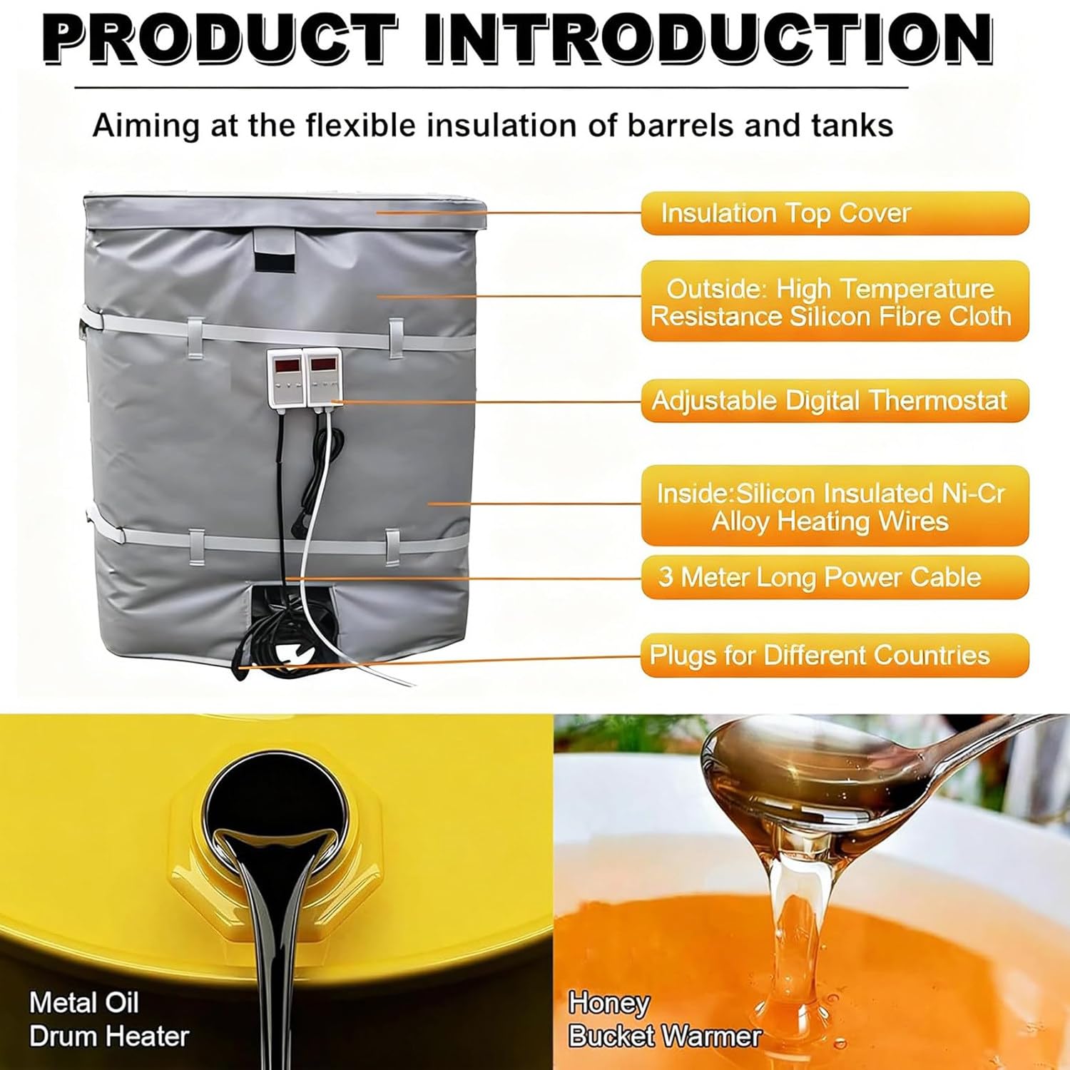 Manta Calefactora IBC 2000W/4000W para Tambores - Calentador de Aceite con Termostato Independiente 0-150℃ - Cubierta Térmica Impermeable para Barriles 55/275 Galones y Tanques Black-275Gal/1000L