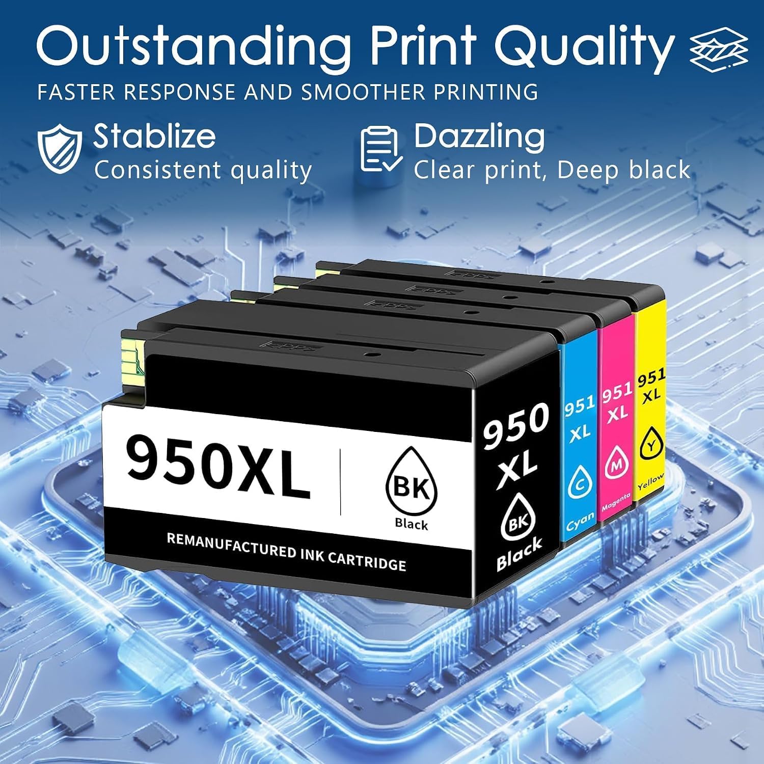 950XL/951XL Ink Cartridge 4-Pack Replacement for HP 950 and 951 Combo Pack Compatible with HP OfficeJet Pro 8600 8610 8615 8620 8625 8100 8660 276DW 251DW Printer Ink(4PK Black Cyan Magenta Yellow)