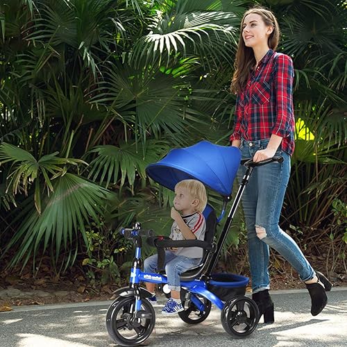 Miniatura 3 de INFANS Triciciclo para niños triciclo 4 en 1 con mango de empuje ajustable toldo extraíble placa de pie retráctil pedal bloqueable barandilla Azul,