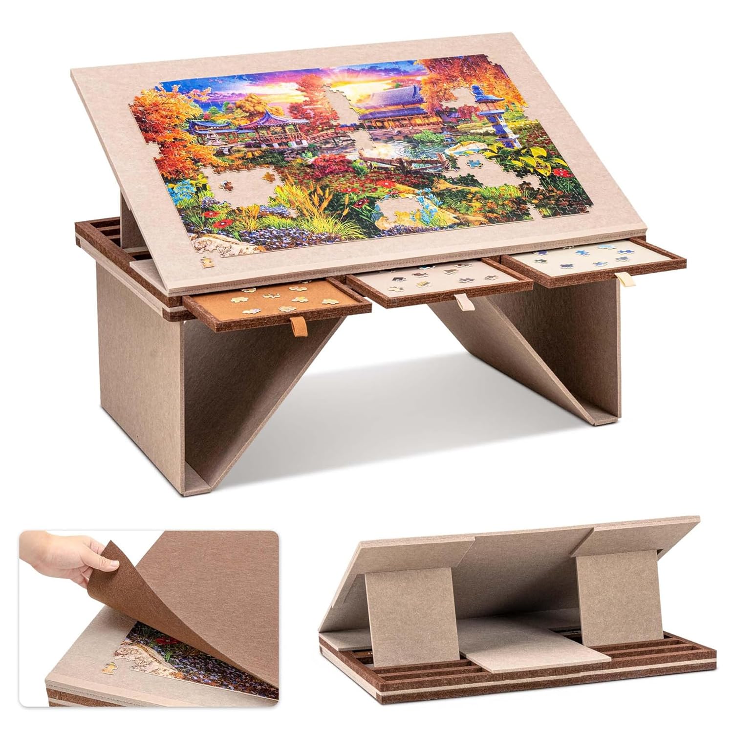 Deska do puzzli z szufladami, stół puzzli 1000 elementów, stół z 3 regulowanymi kątami nachylenia, ultralekka i przenośna, ze składanymi nogami i 3 szufladami, stół do przechowywania puzzli dla