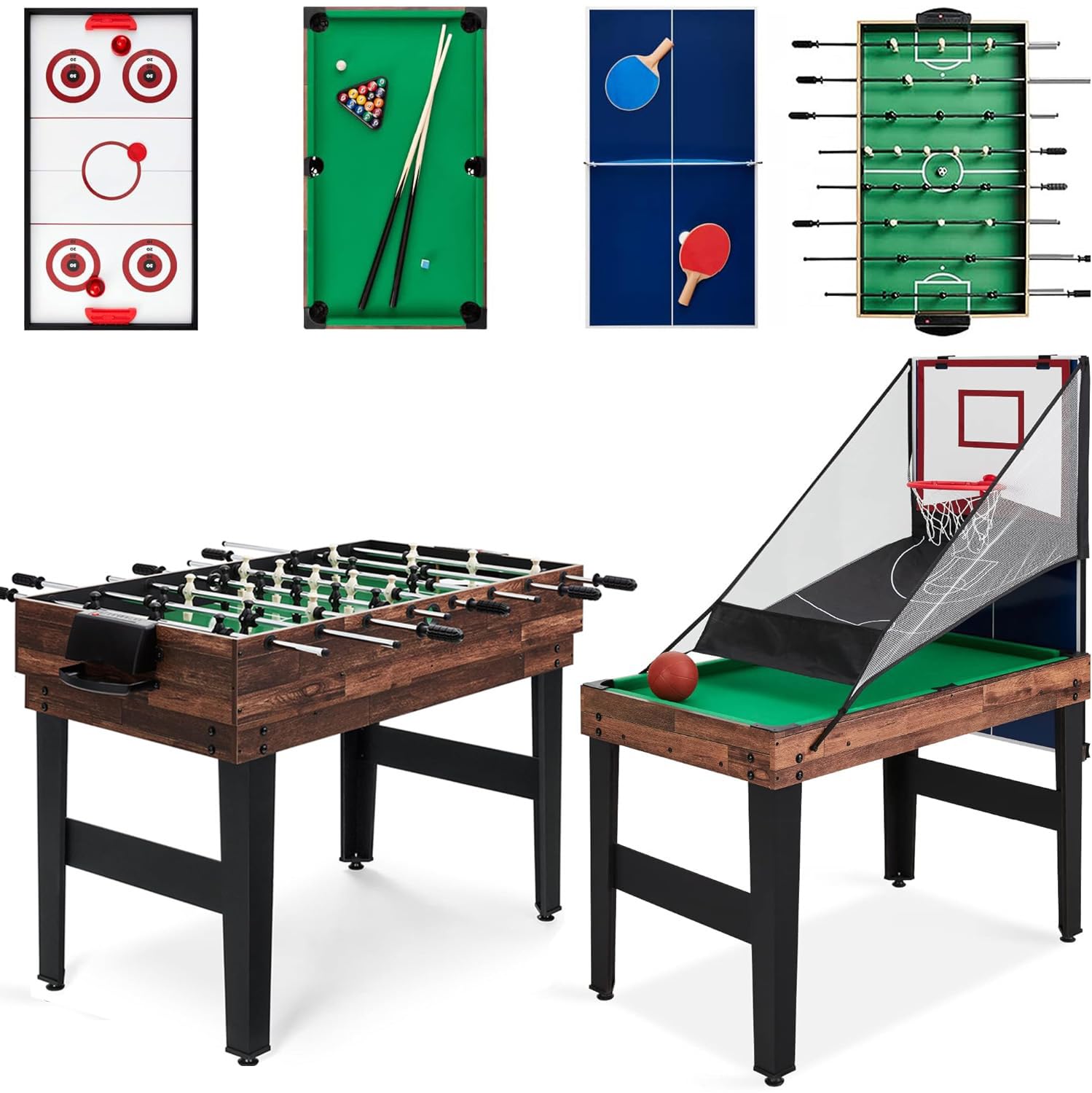 5 in 1 Multi Spieltisch, Tischspiel multifunktional mit Tischfußball Hockey, Billard, Tischtennis, Basketball, Kombi-Tisch für Erwachsene