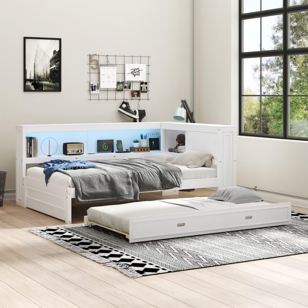 JIJIWANG Wooden Full Size Daybed with Full Trundle, Daybed with Storage Shelf and USB Ports, Wood Daybed with Storage, L Shaped Daybed with Storage,