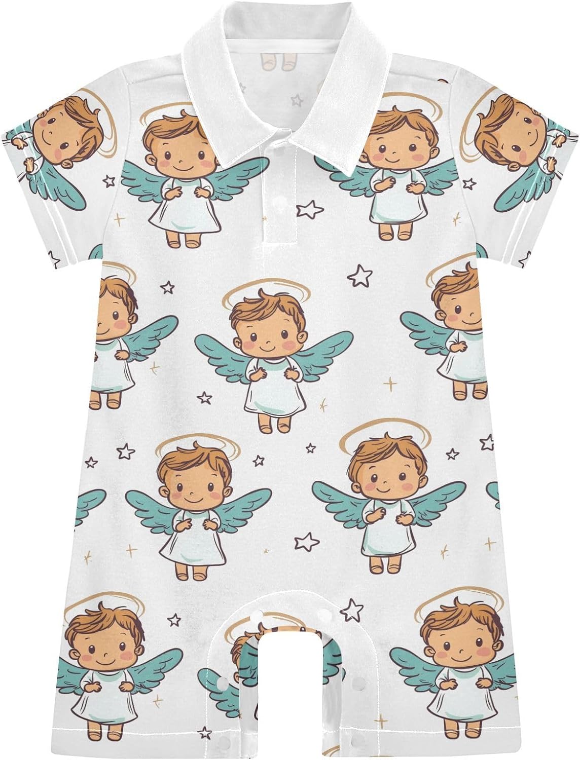 vvfelixl Cute Angel with Stars Baby Boy Polo Clothes,Short Sleeve Baby Bodysuit,Collared Polo Romper for 0-24 Months