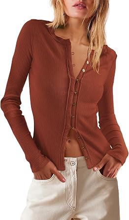 LAMISSCHE Lightweight Cardigans For Women Ribbed Long Sleeve Button Down Shirts Casual Going Out Tops Fitted Shirts
