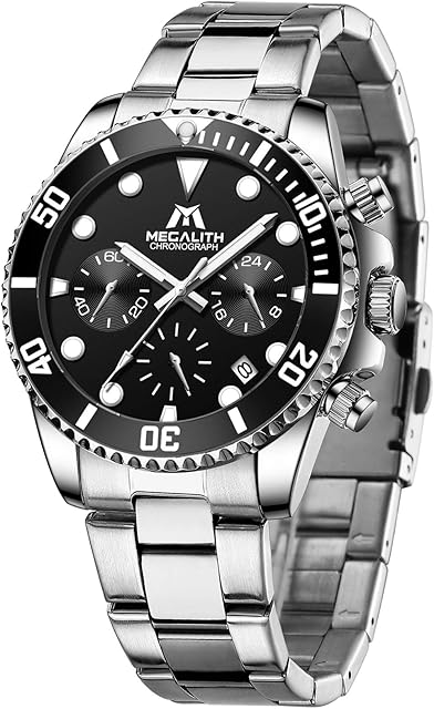 MEGALITH Mens Watch 45mm Designer Chronograph Large Face Watches for Men Analogue Quartz Waterproof Stainless Steel Wrist Watch Luminous Calendar, Mens Gift