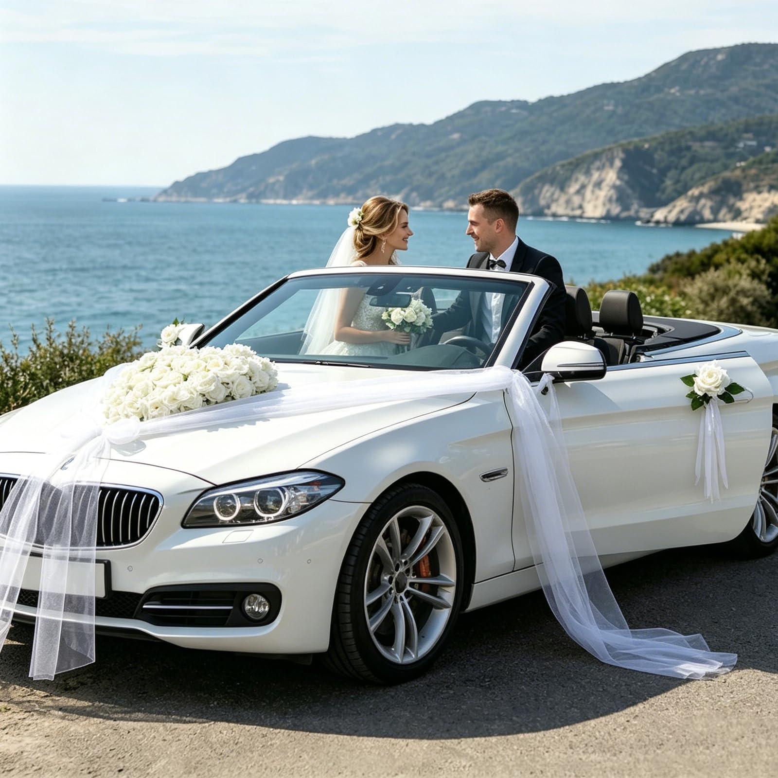 Décoration de Voiture Blanche pour Mariage, Cœur Decoration Voiture Mariage avec 1 Guirlande de Cœurs, 8 Fleurs, 2 Bandes de Tulle (1,8m), Décoration de véhicule pour Mariage et fête