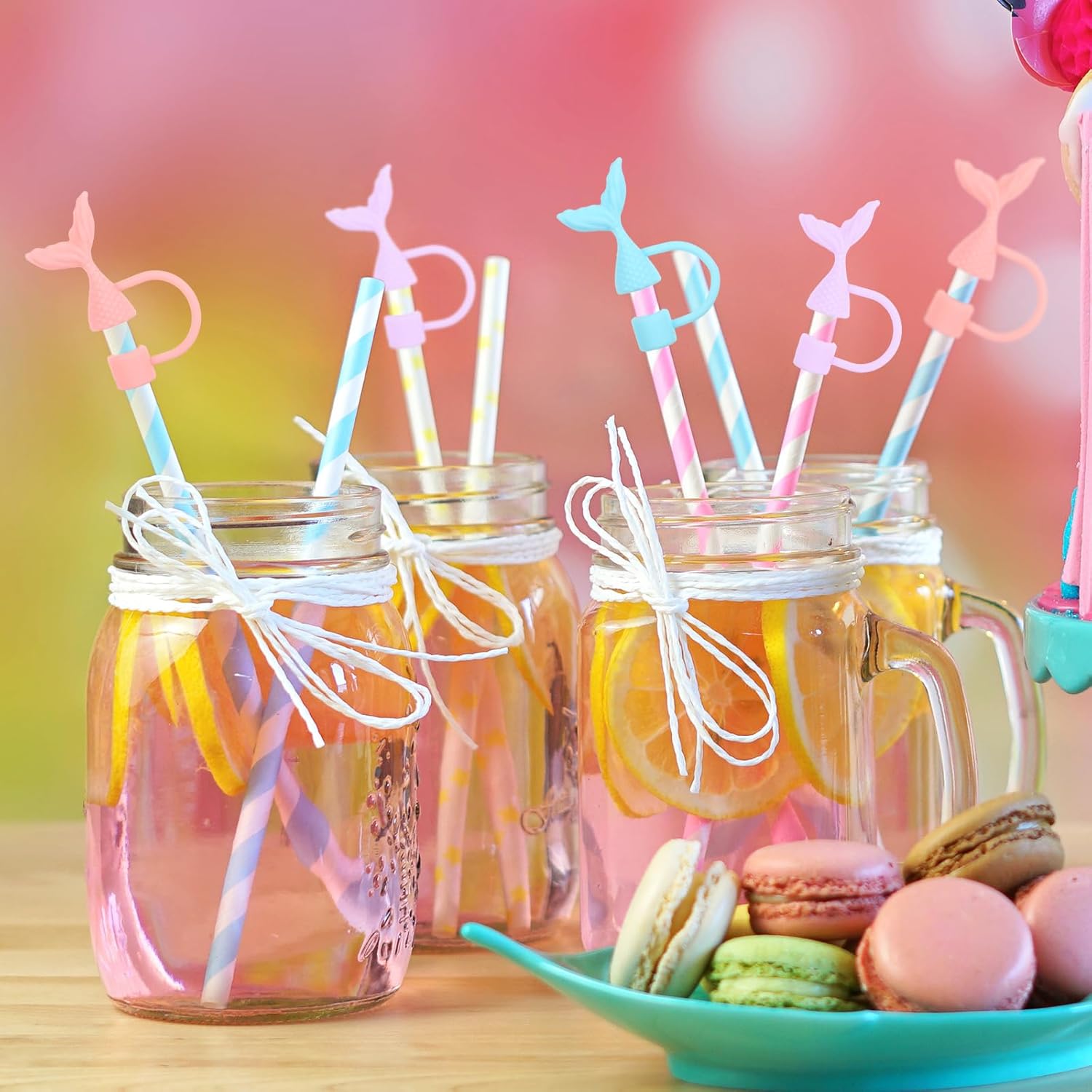 Whaline 6Pcs Summer Mermaid Straw Cover Cap Purple Blue Pink Ocean Theme Reusable Silicone Straw Topper 10Mm/0.4Inch Straws Tip Lid Protector for 30/40 Oz Tumbler Cup Accessories - Image 7