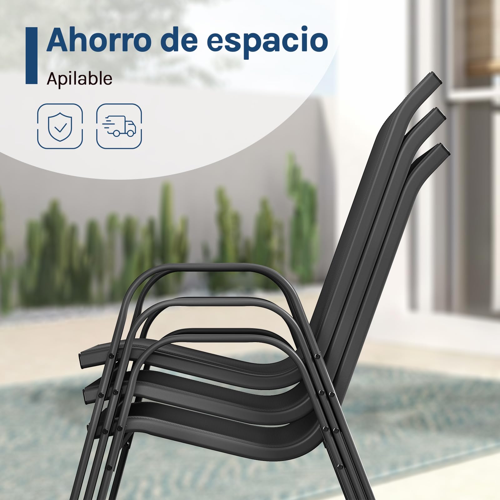 WOLTU Sillas de Jardín, Juego de 4 Sillones Apilables de Exterior, Respaldo Transpirable, Sillas para Terraza Patio Balcón, Estructura de Metal, Gris Oscuro