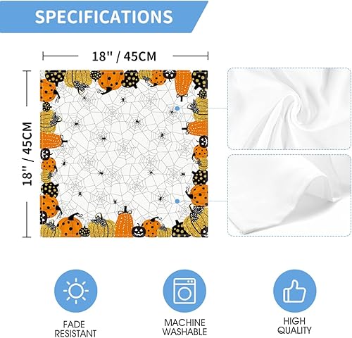 Miniatura 6 de Horaldaily Juego de 4 servilletas de tela de Halloween de 18 x 18 pulgadas, diseño de calabaza y calabaza con temática de miedo, decoración de