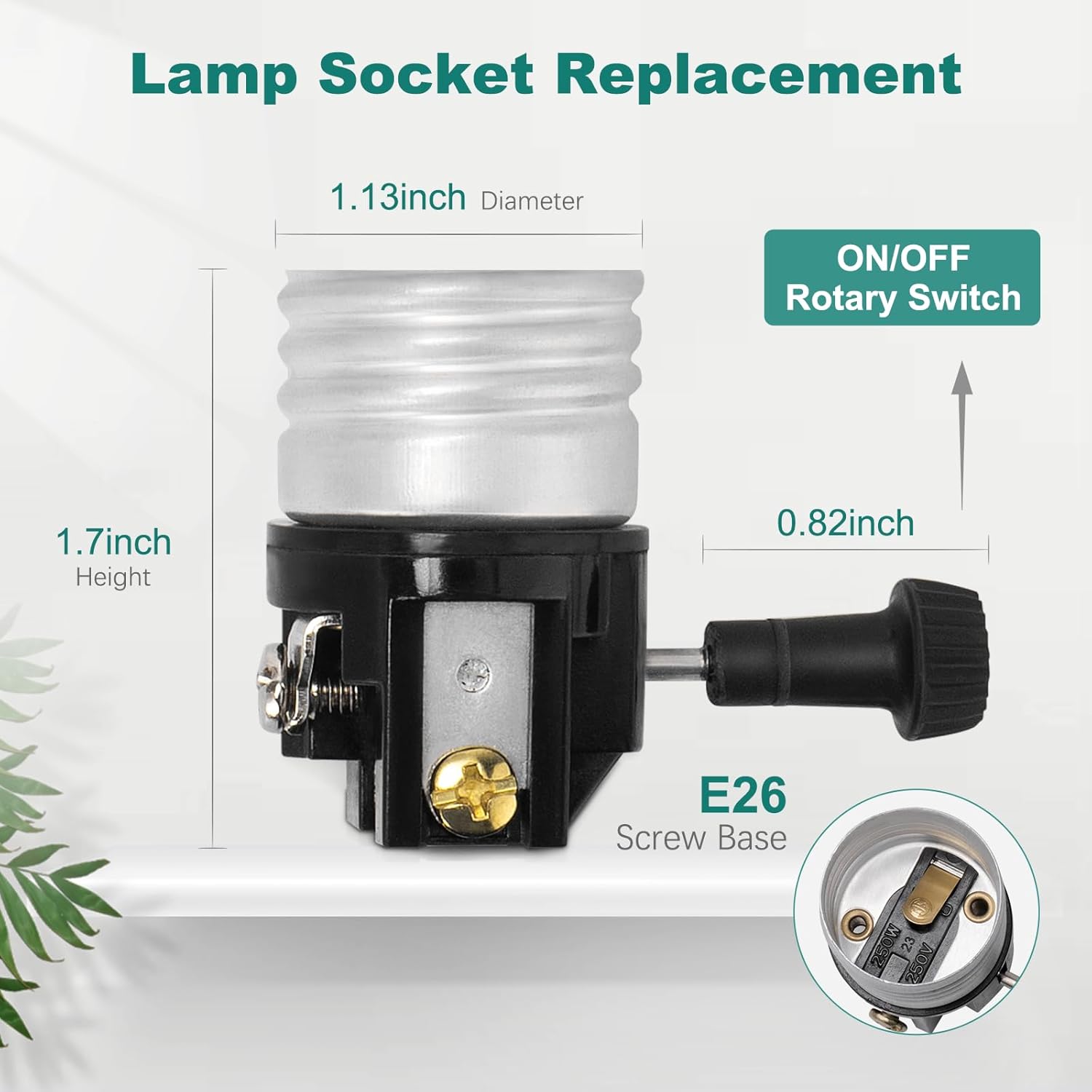 DiCUNO Lamp Socket Replacement, E26 Light Socket with ON/Off Switch Knob, UL Listed, Repair Parts for Table Lamp, DIY Projects, E26 Medium Base, Black, 2-Pack