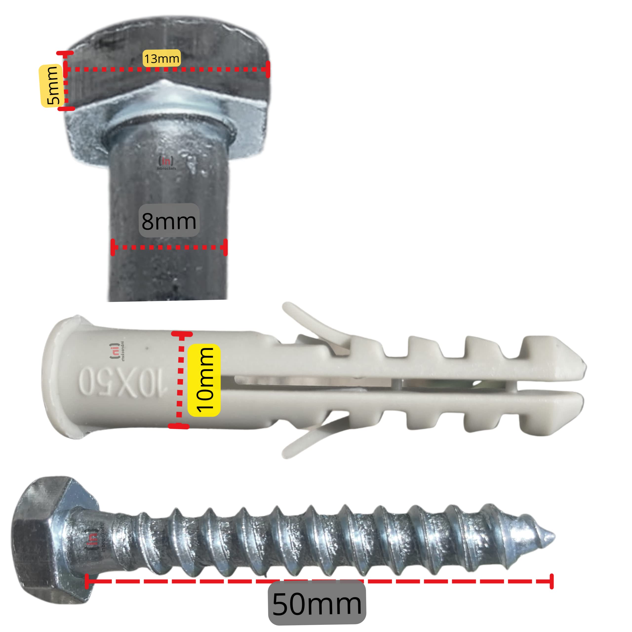 Inbrackets Value M8 x 50mm Masonry Brick Wall Fixing Screw Bolts with Plugs & Washers for Aerial Satellite Sky Dish Tv Bracket Fence Shelves Mounting (Pack of 6) - Image 3