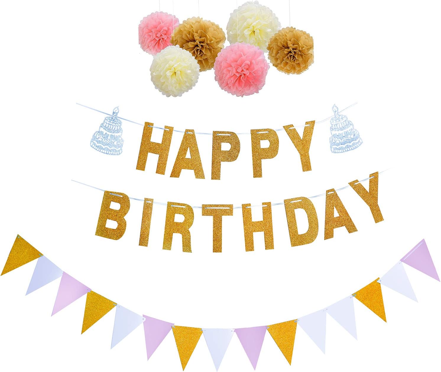 YIRANFANTASY Birthday Party Decoration Pack, Happy Birthday Banner with 6 Tissue Paper Pom Poms and Triangle Flags Bunting Pennant Banner( Pink Gold White), Party Supplies