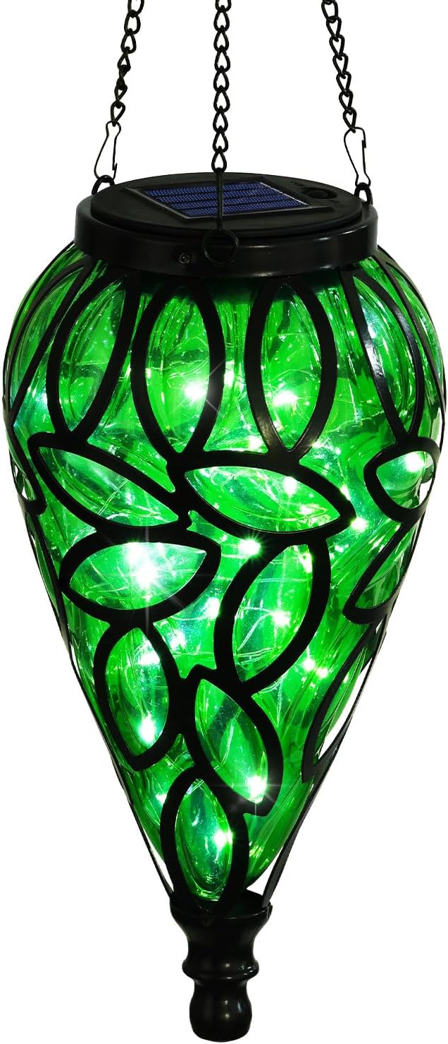 SUNNYPARK Outdoor Plastic Solar Hanging Lantern, 15 Cool White LEDs Twinkle Effect Tear-Shaped Hanging Lantern Decor Garden Decorative Solar Lights for Backyard, Patio and Lawn Green