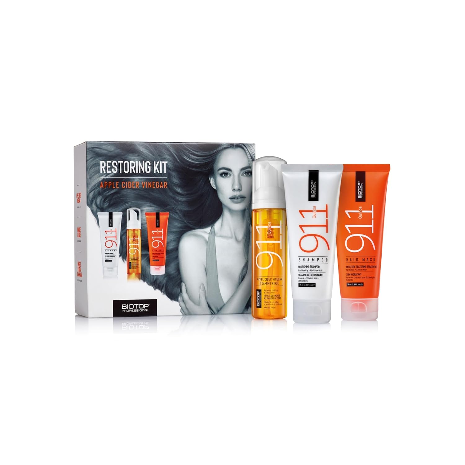 Biotop Professional 911 Quinoa ACV Restoring Kit - Apple Cider Vinegar Rinsing Foam (5.74 oz), Quinoa Shampoo (33.8 oz), and Hair Mask (18.6 oz) - Scalp Detox, Deep Hydration & Shine (3 Piece Kit)