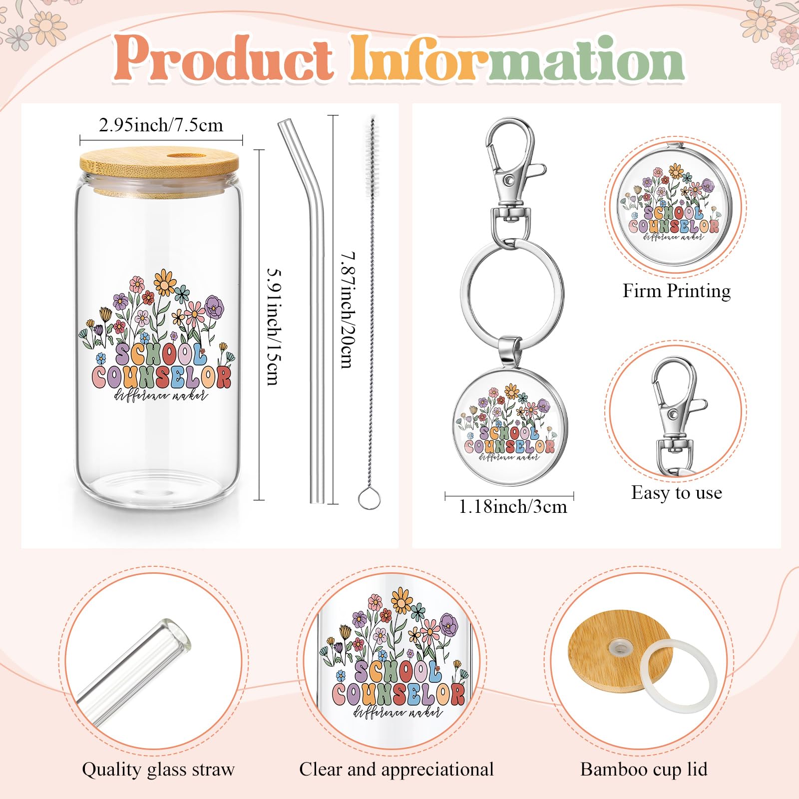 Kacctyen School Counselor Gift for Women School Counselor Makeup Bag with Keychain 17 oz Glass Cup with Lid and Straw Appreciation Gifts