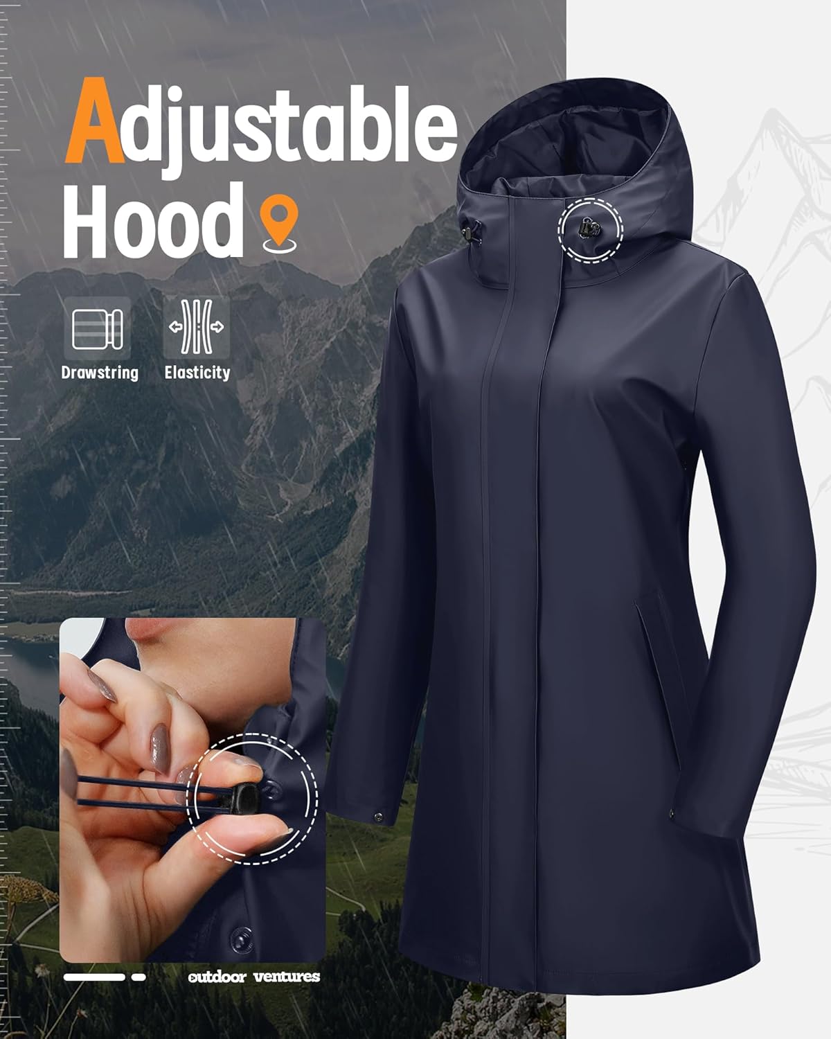 Outdoor Ventures Women's Waterproof Long Rain Jackets Lightweight Rain Coats with Hood Trench Coats PU Windbreaker - Image 5