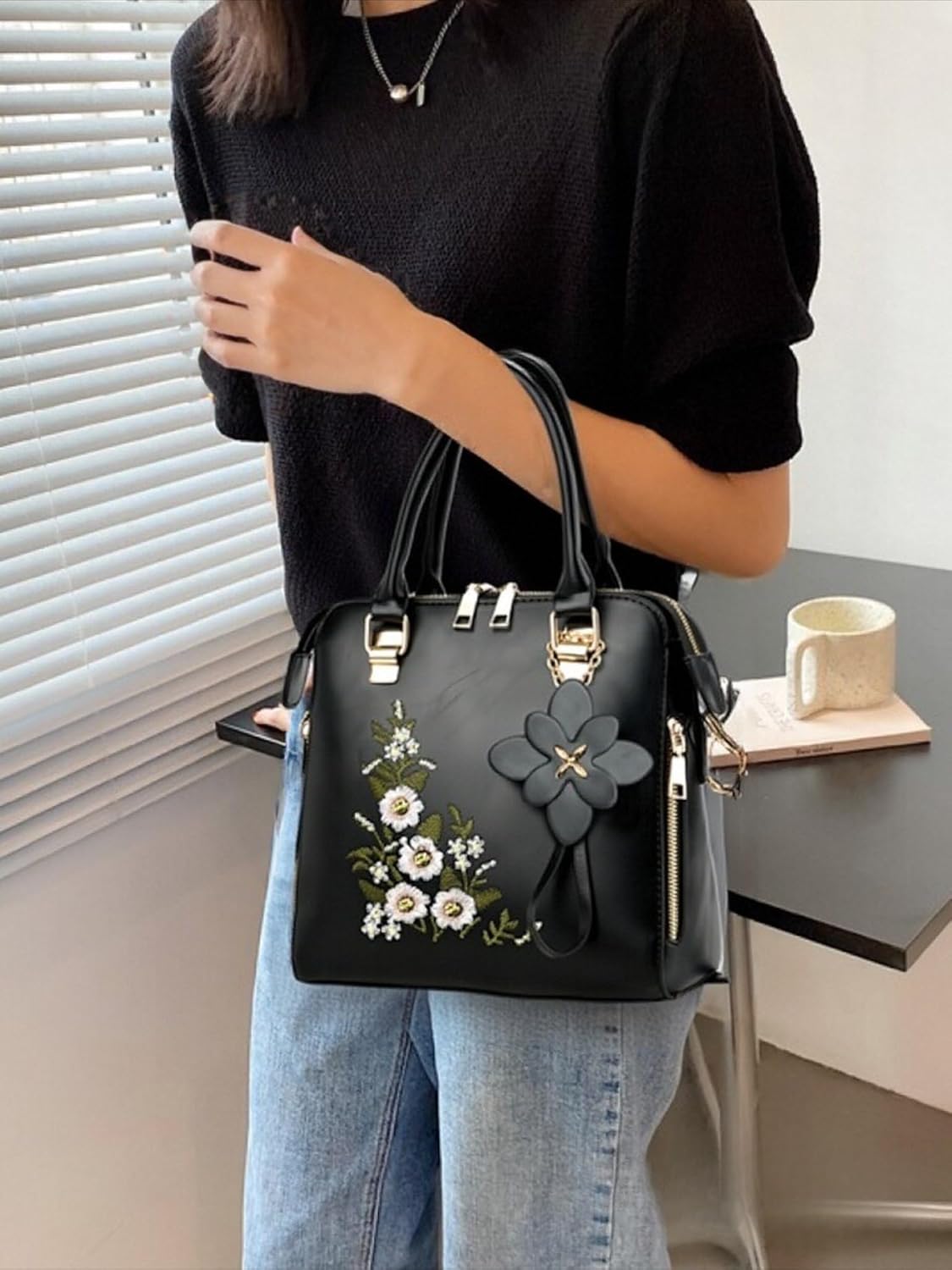 Women Embroidered Satchel Top Handle Purses and Handbag Lightweight Totes Crossbody Shoulderbag for Lady - Image 2