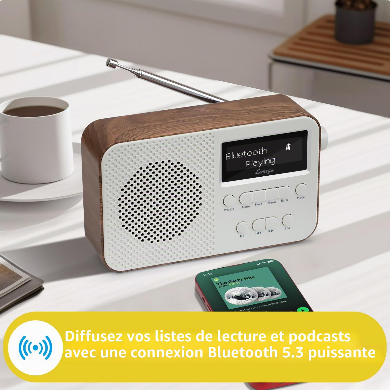 PR2-Max Radio numérique Dab Portable (Dab+,FM, Bluetooth 5.3,Batterie Rechargeable,Double Réveil,Snooze,40 Présélections,Minuterie de Mise en Veille,Petit) Idéale pour Cuisine ou Déplacement, Walnut