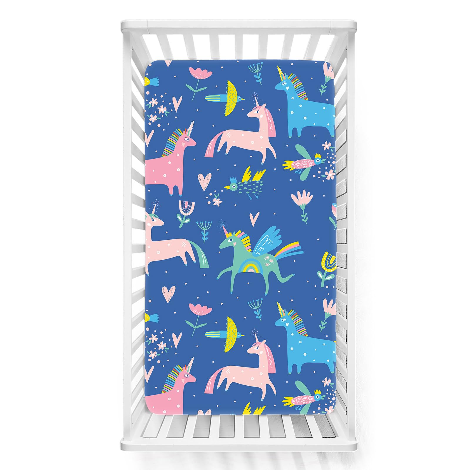 Odot Cot Bed Sheets, Cartoon Horse Print Bedside Cribs Fitted Sheets, Baby Bed Sheets Microfiber Cot Bed Mattress Protector, Bassinet Sheets, Easy Care Soft and Dureable (Blue,45x90 cm)