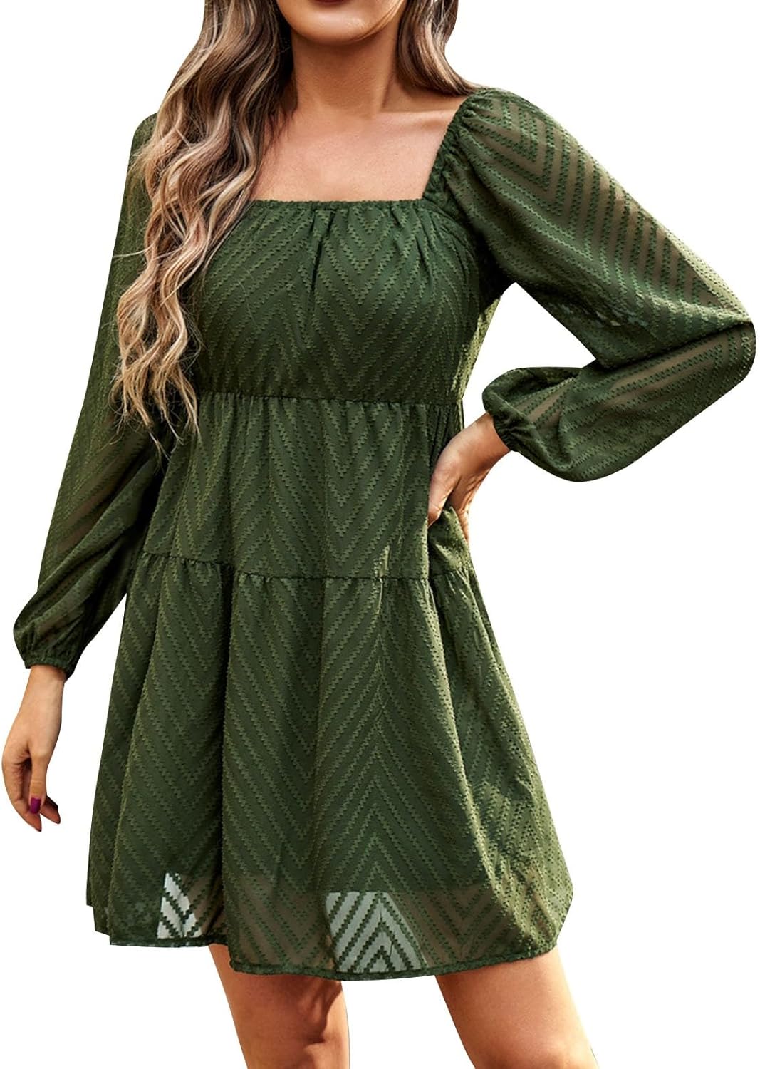 Womens Long Sleeve Dresses Solid Color Ruffle Mini Short